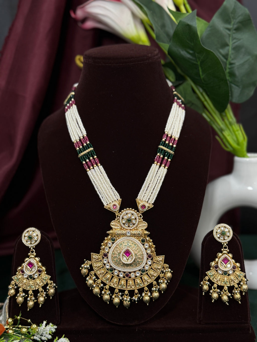 Antique Gold Medallion Rajwadi Long Necklace Set