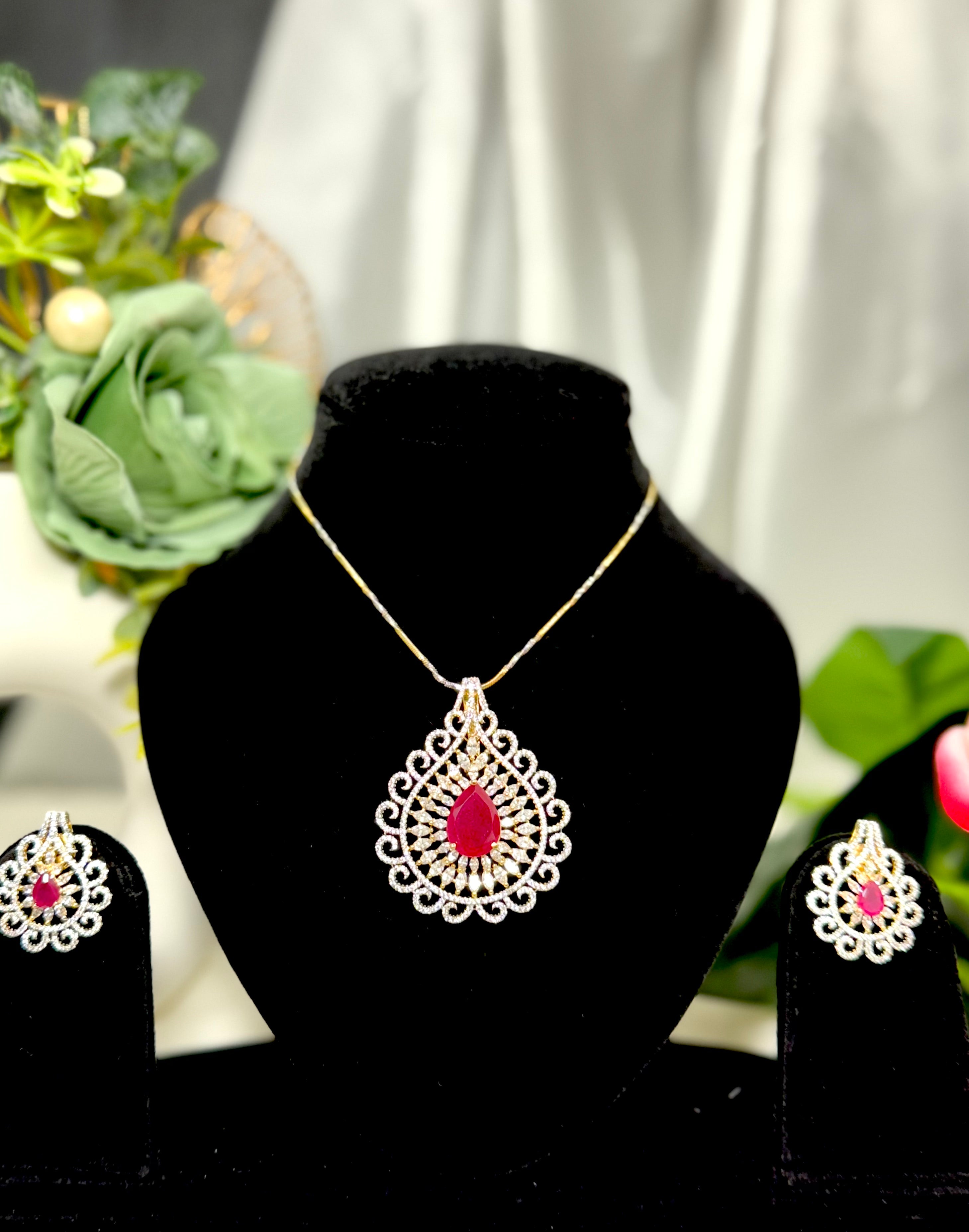 Diya Design Pendant Set With Chain and Earrings