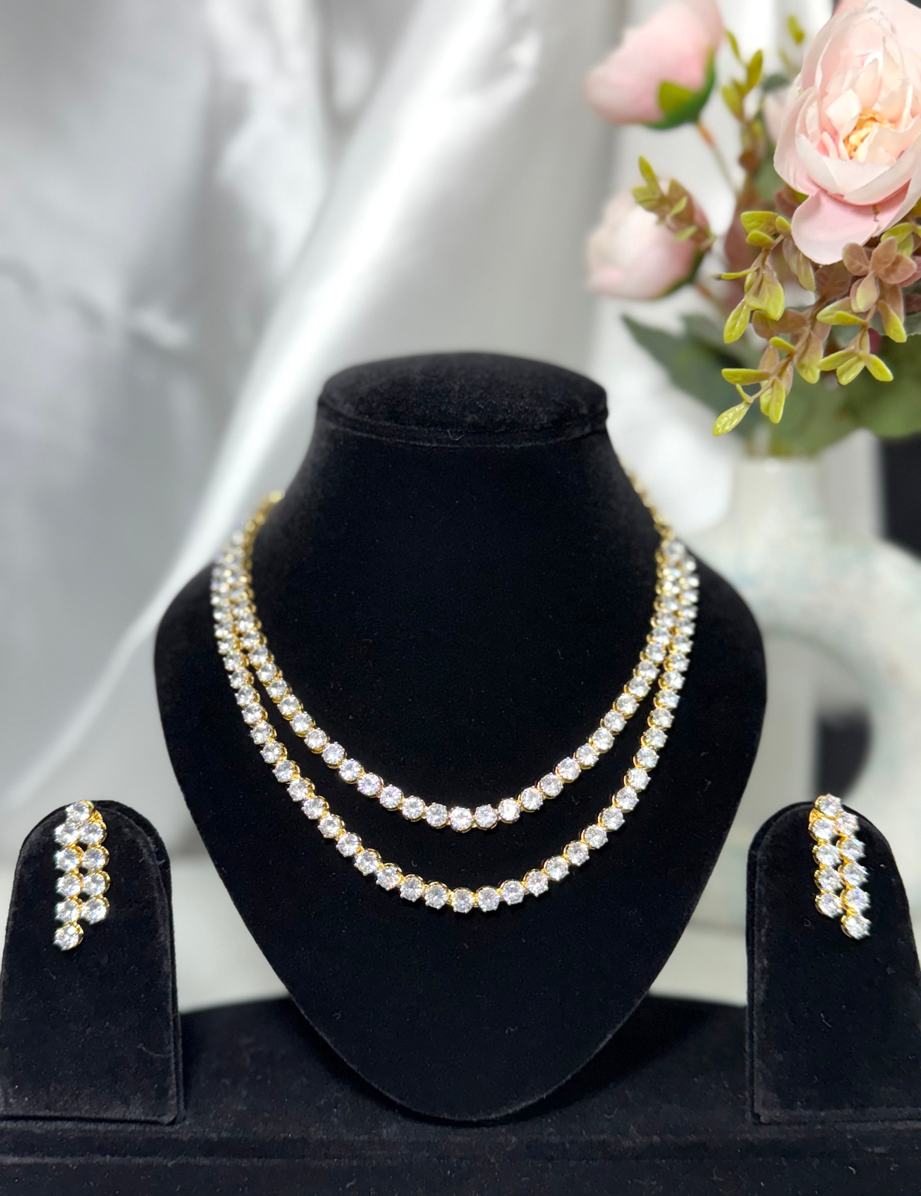 Double Layer Solitaire Necklace Set with Matching Drop Earrings