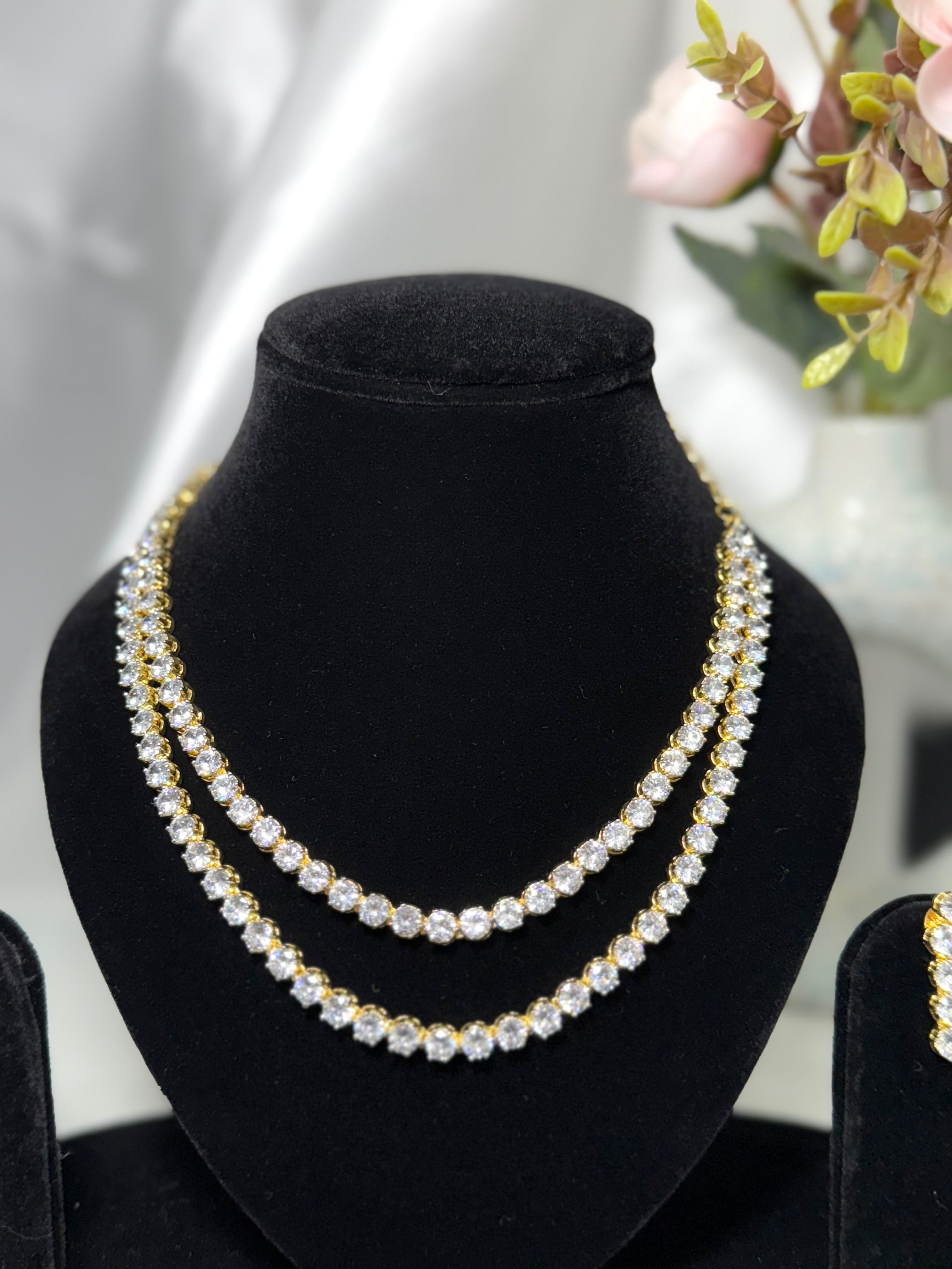 Double Layer Solitaire Necklace Set with Matching Drop Earrings