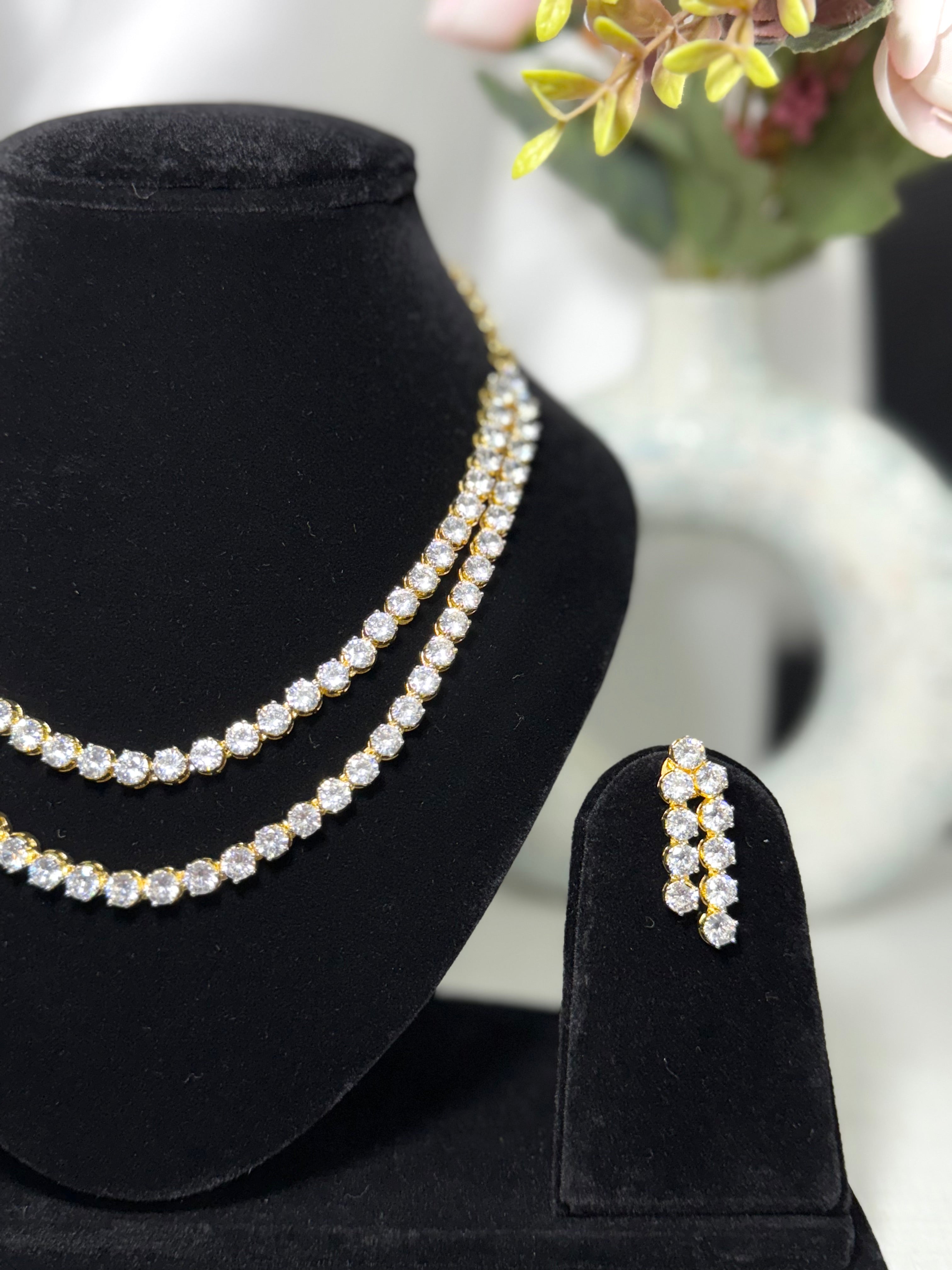 Double Layer Solitaire Necklace Set with Matching Drop Earrings