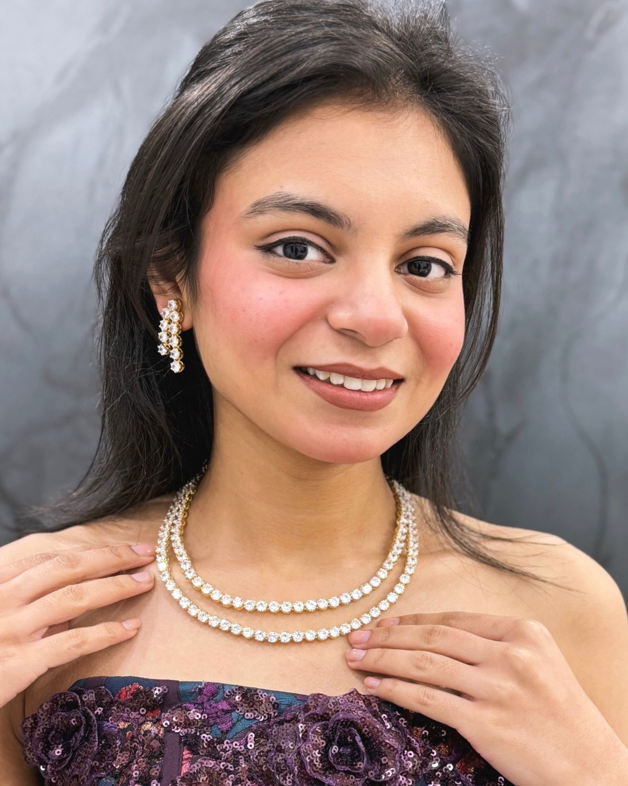 Double Layer Solitaire Necklace Set with Matching Drop Earrings