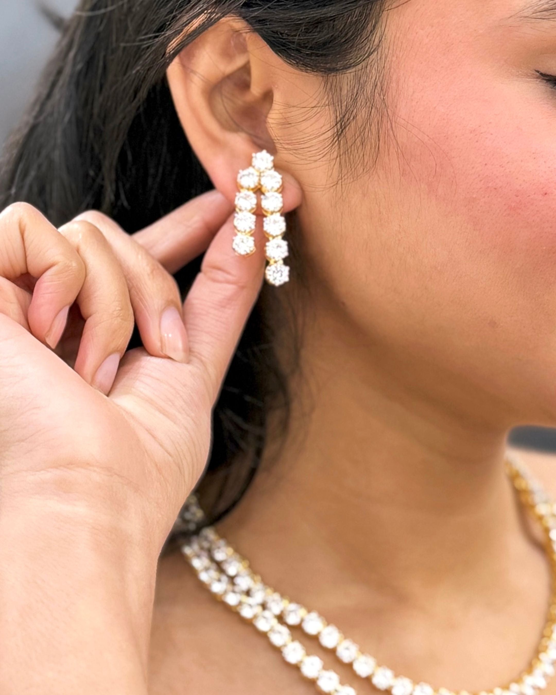 Double Layer Solitaire Necklace Set with Matching Drop Earrings