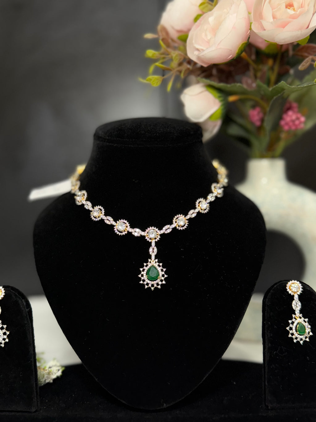 Emerald Radiance Floral American Diamond Necklace Set