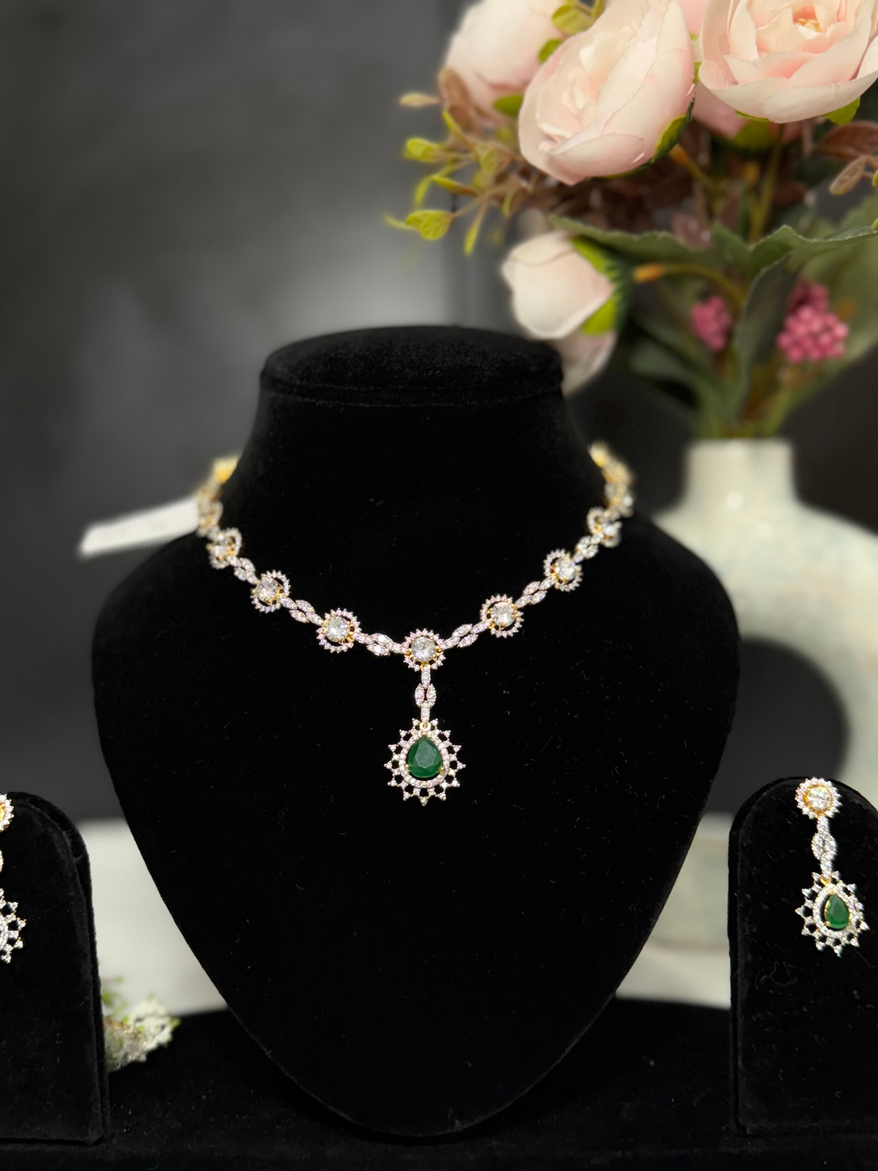 Emerald Radiance Floral American Diamond Necklace Set