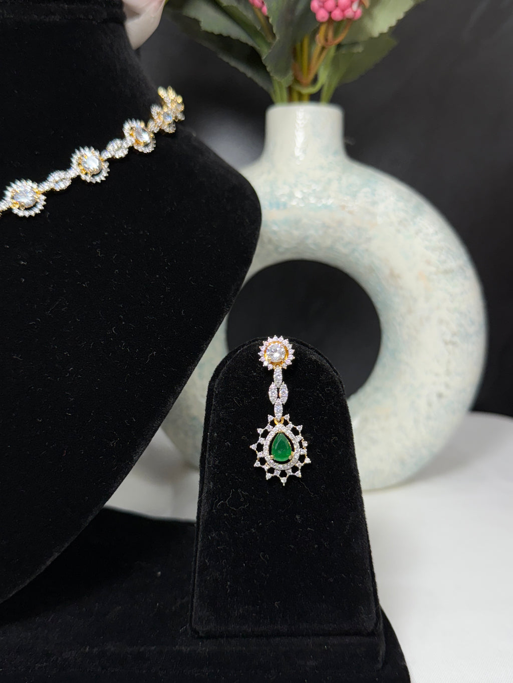 Emerald Radiance Floral American Diamond Necklace Set