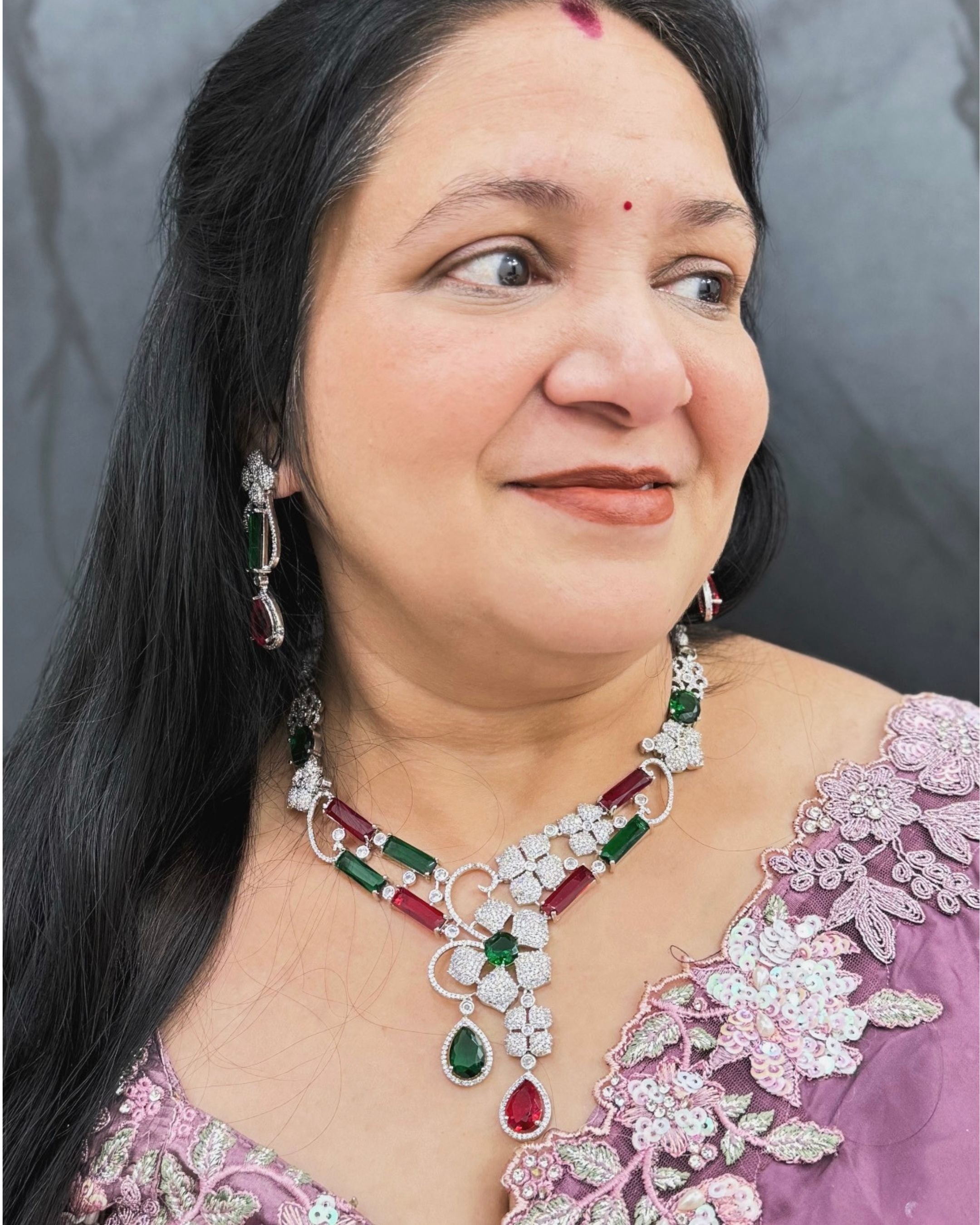 Emerald and Ruby American Diamond Maharani Necklace Set