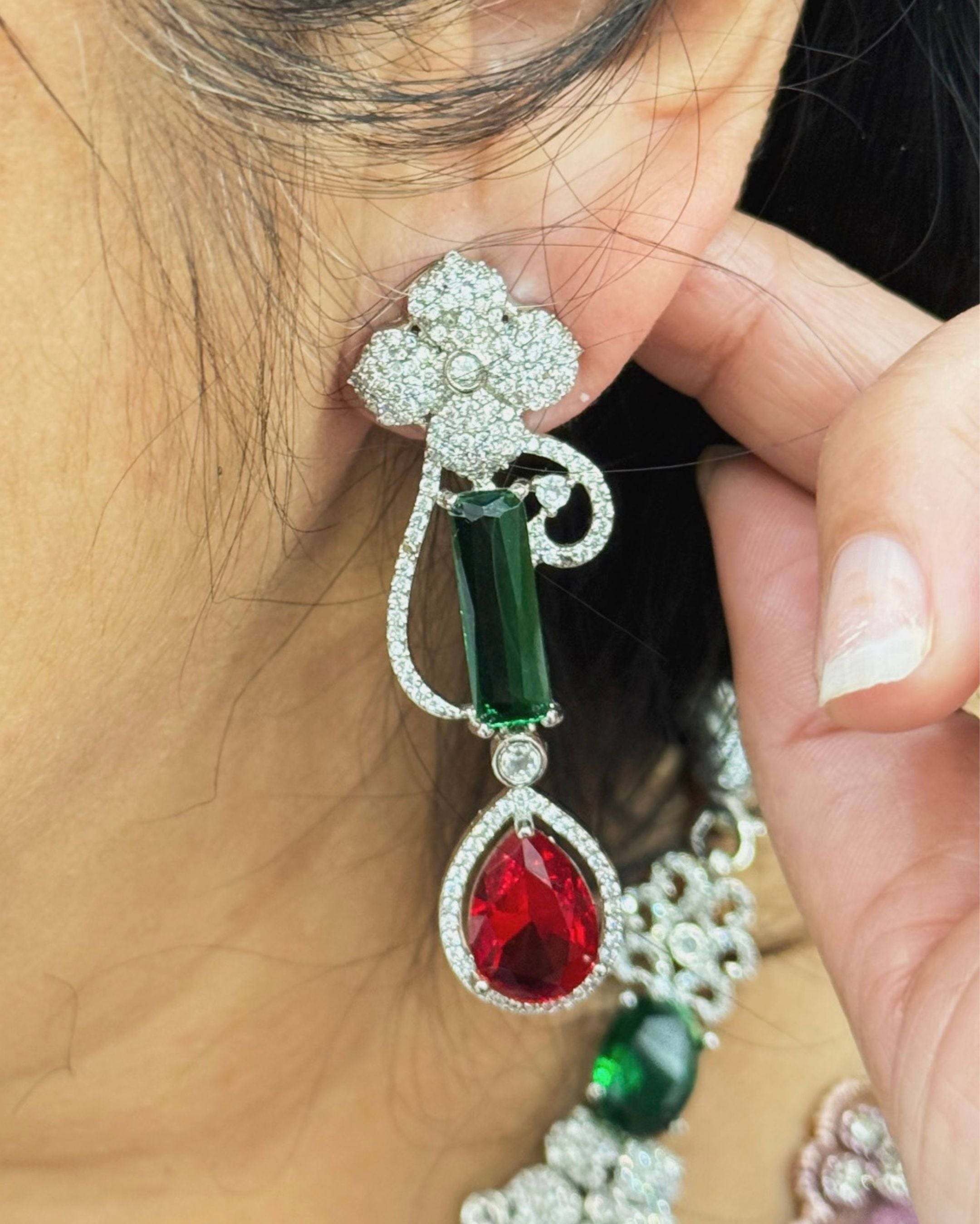Emerald and Ruby American Diamond Maharani Necklace Set