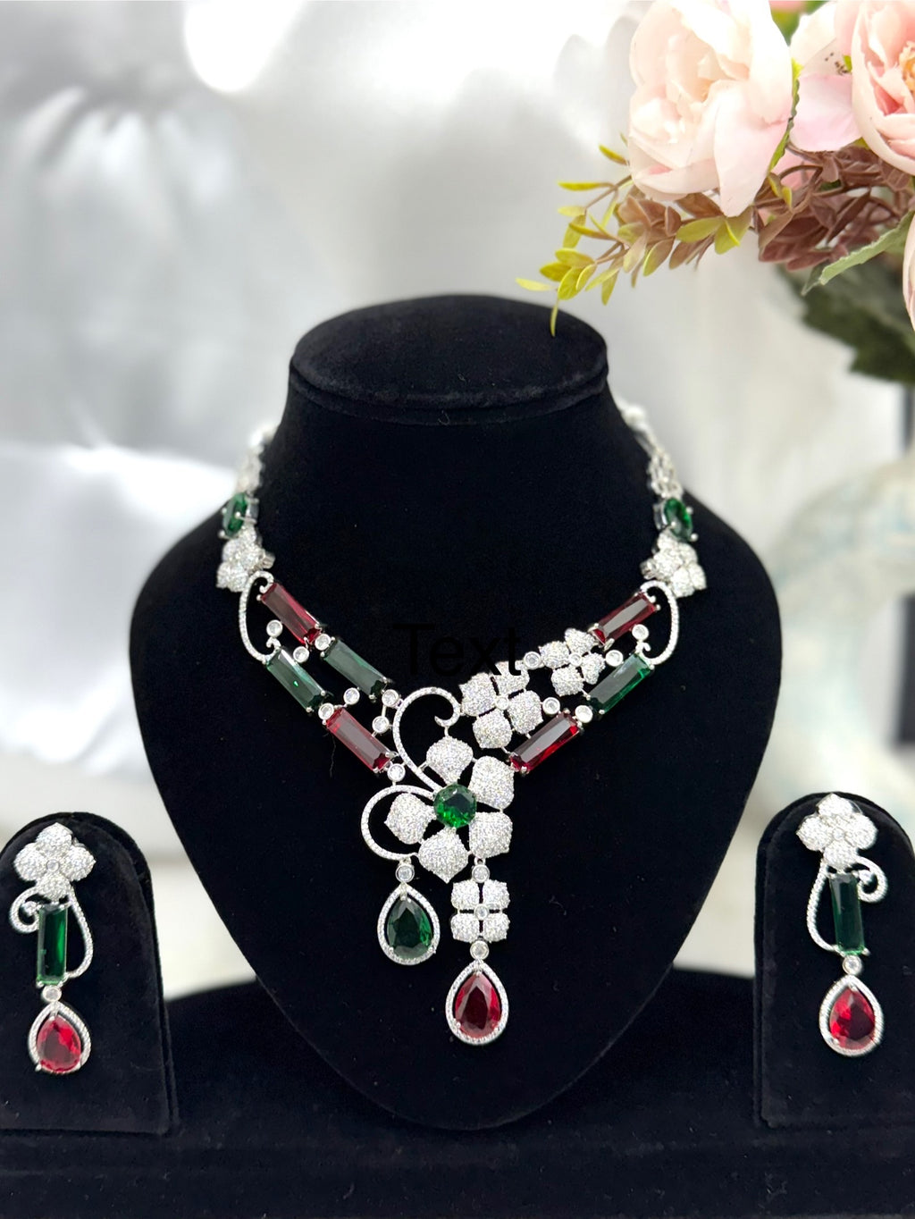 Emerald and Ruby American Diamond Maharani Necklace Set