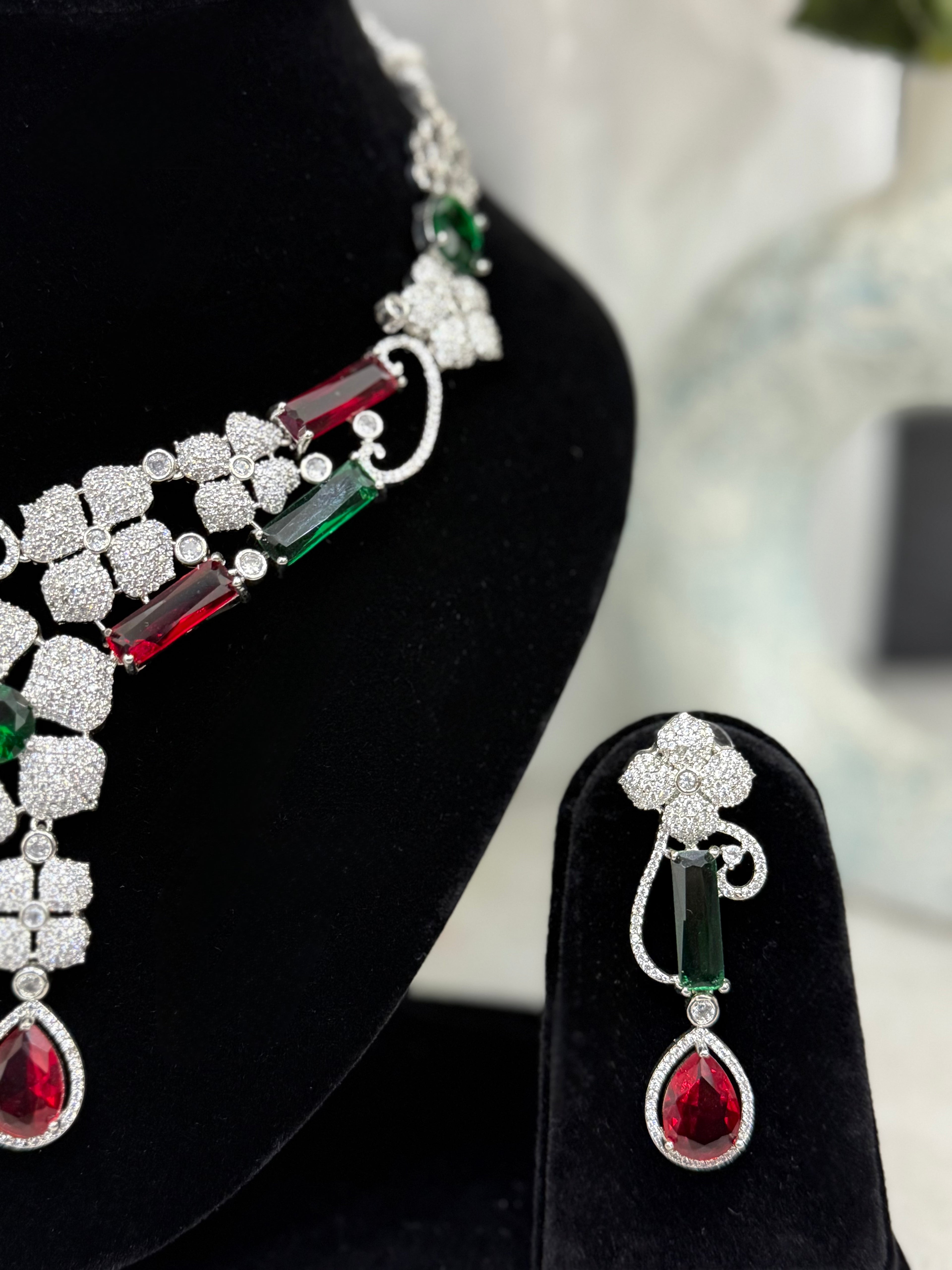 Emerald and Ruby American Diamond Maharani Necklace Set