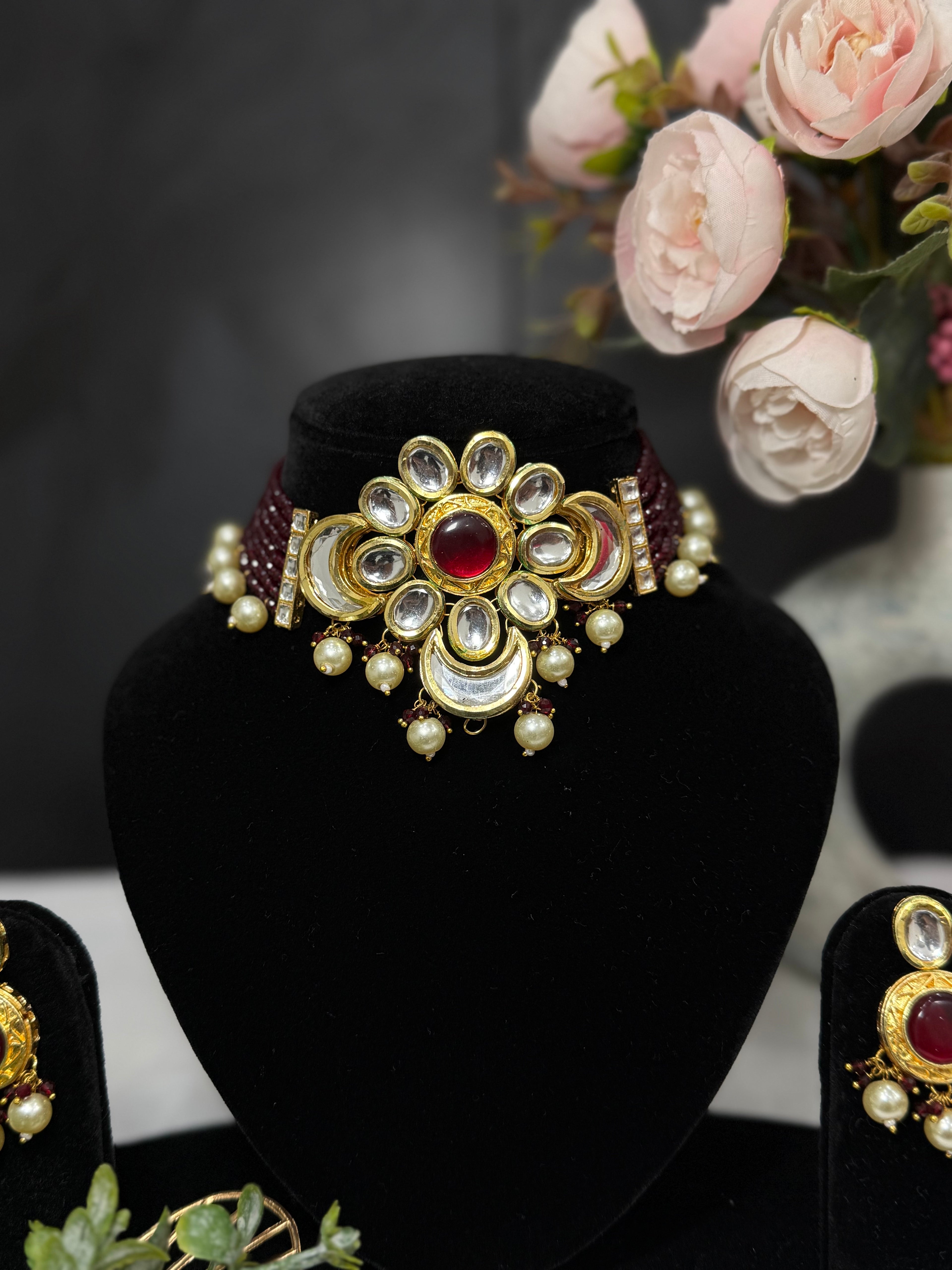 Floral Kundan Pearl Drop Choker Set