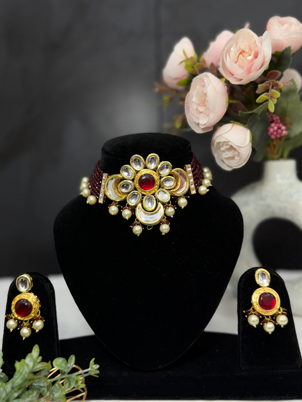 Floral Kundan Pearl Drop Choker Set