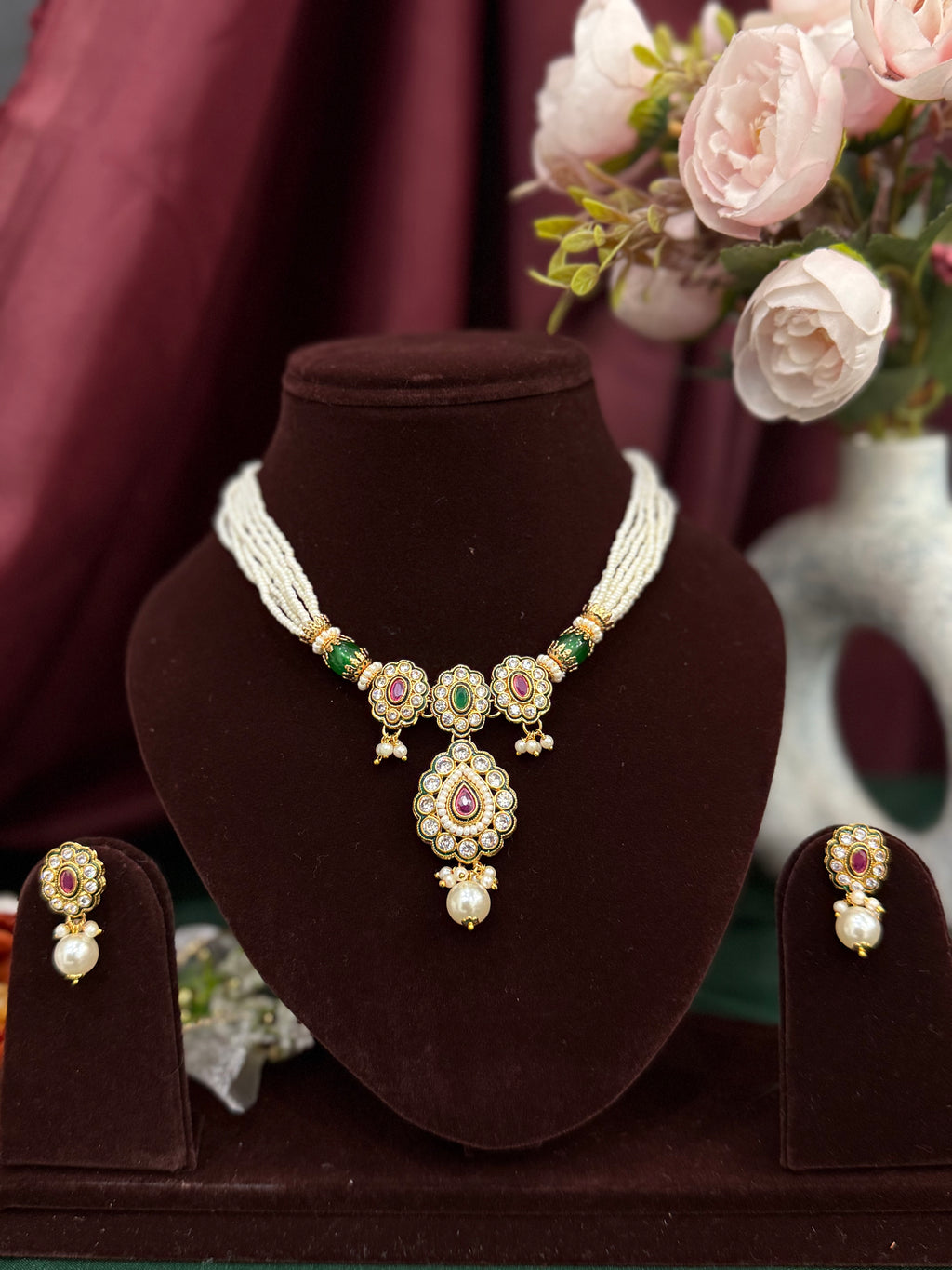 Floral Teardrop Kundan Pearl Necklace Set