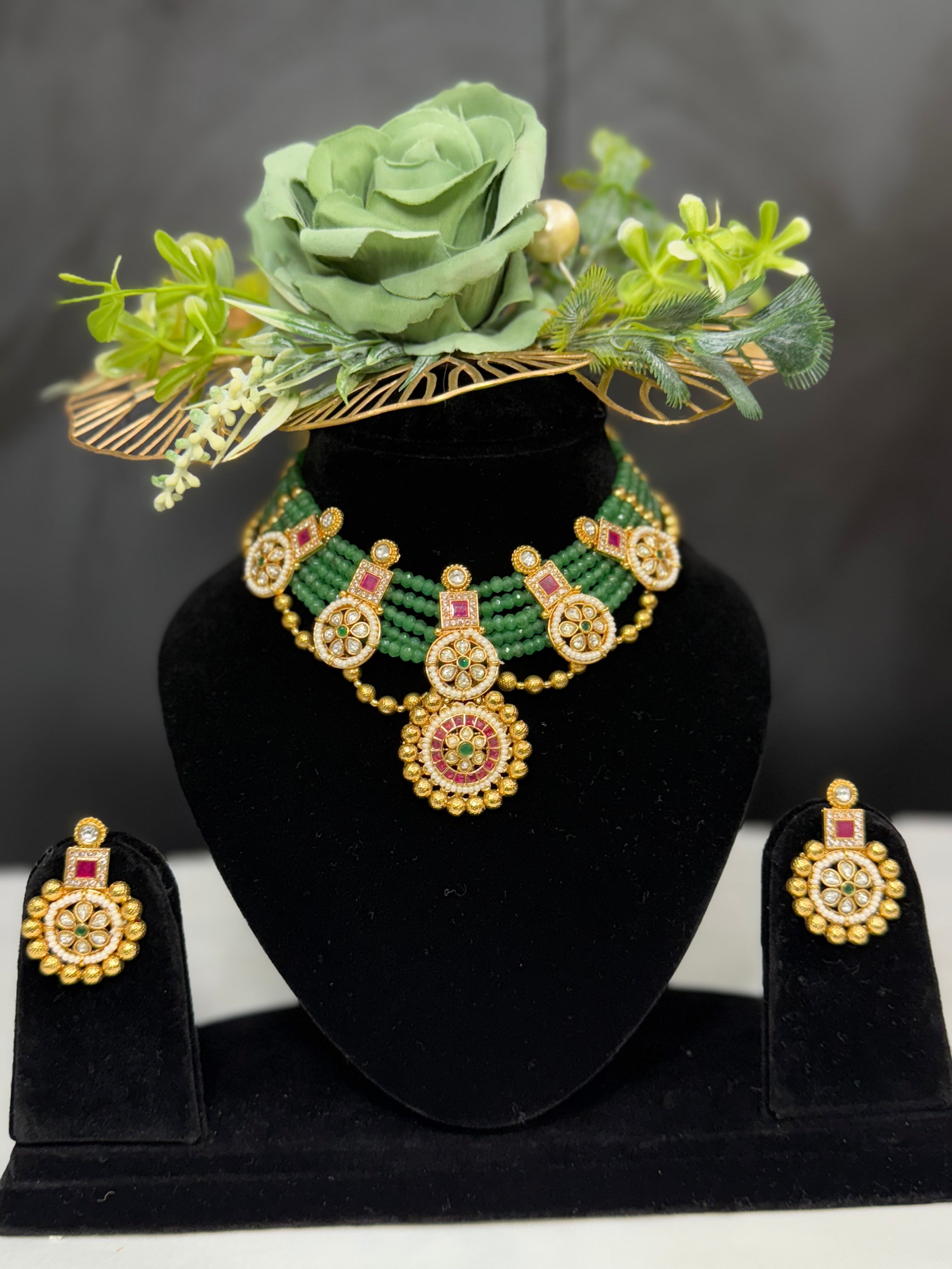 Green Beaded Kundan Bridal Choker Set