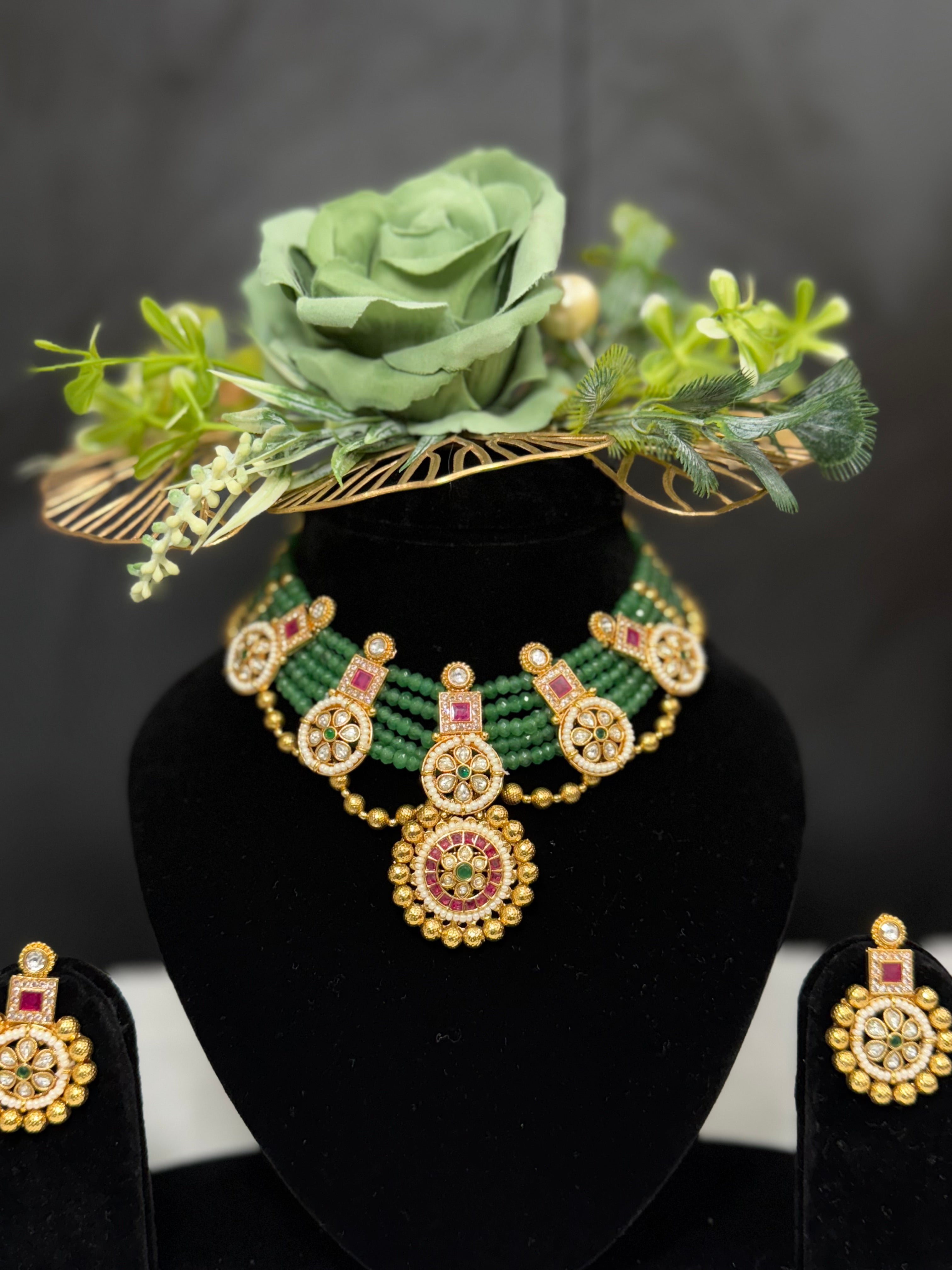 Green Beaded Kundan Bridal Choker Set