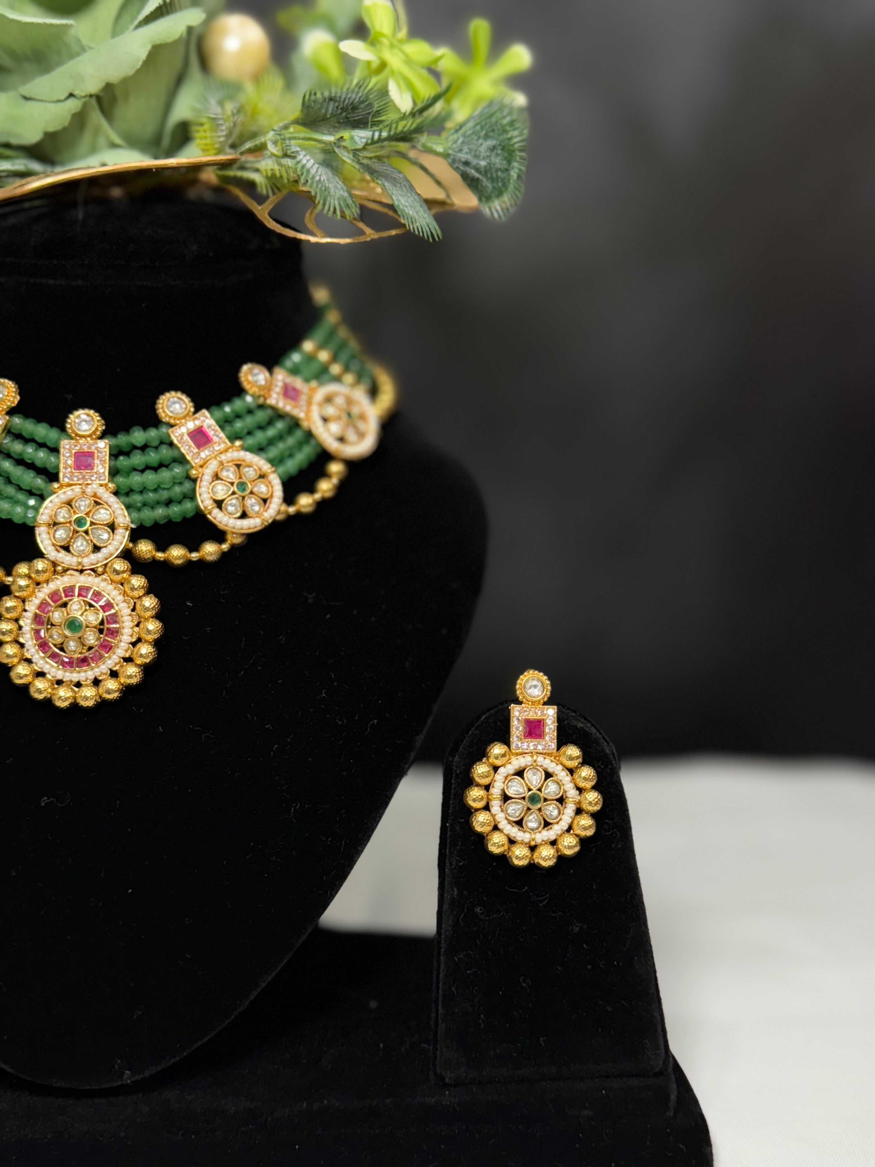 Green Beaded Kundan Bridal Choker Set