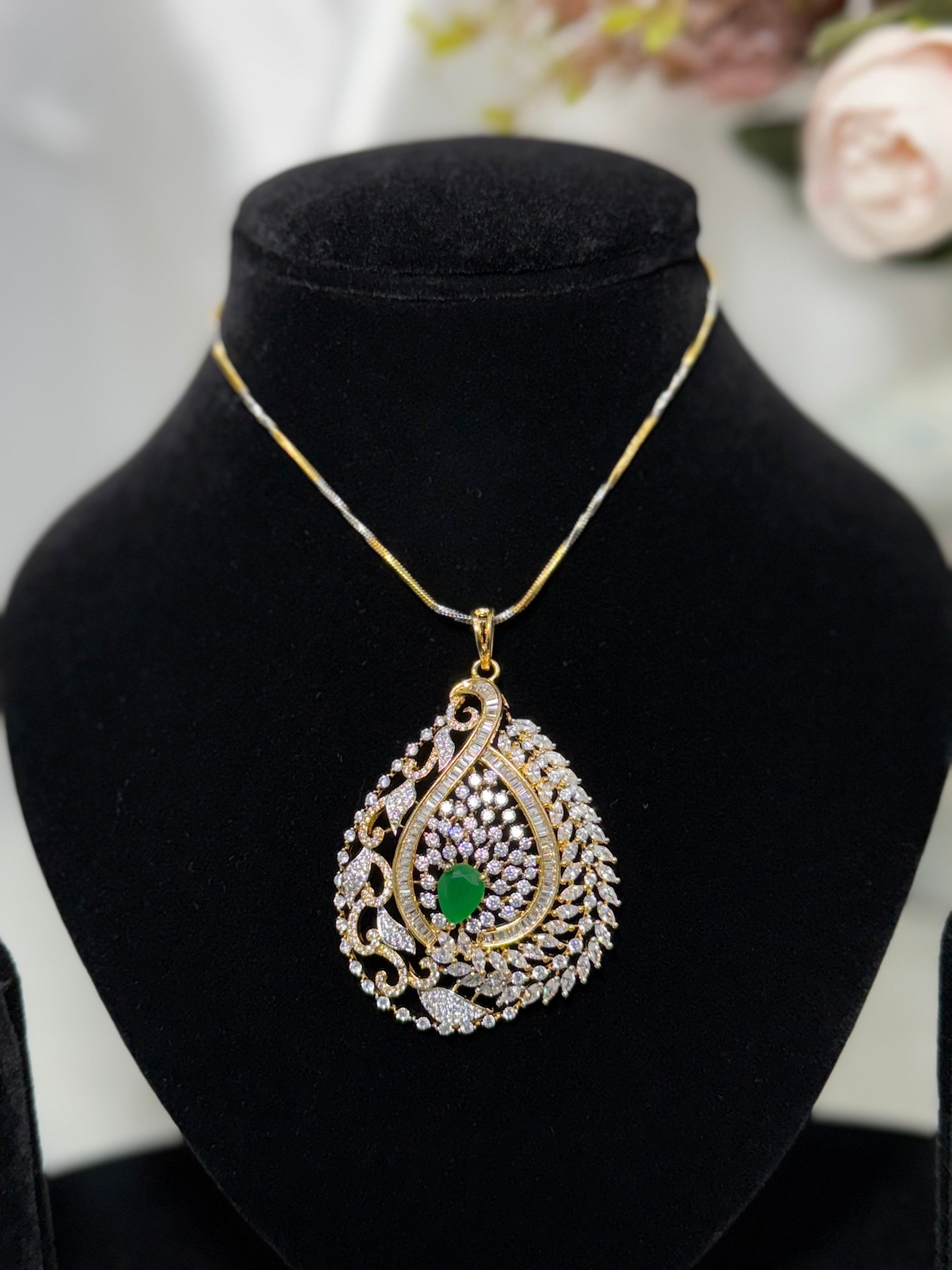 Green Shankh Design Pendant With Chain and Earrings