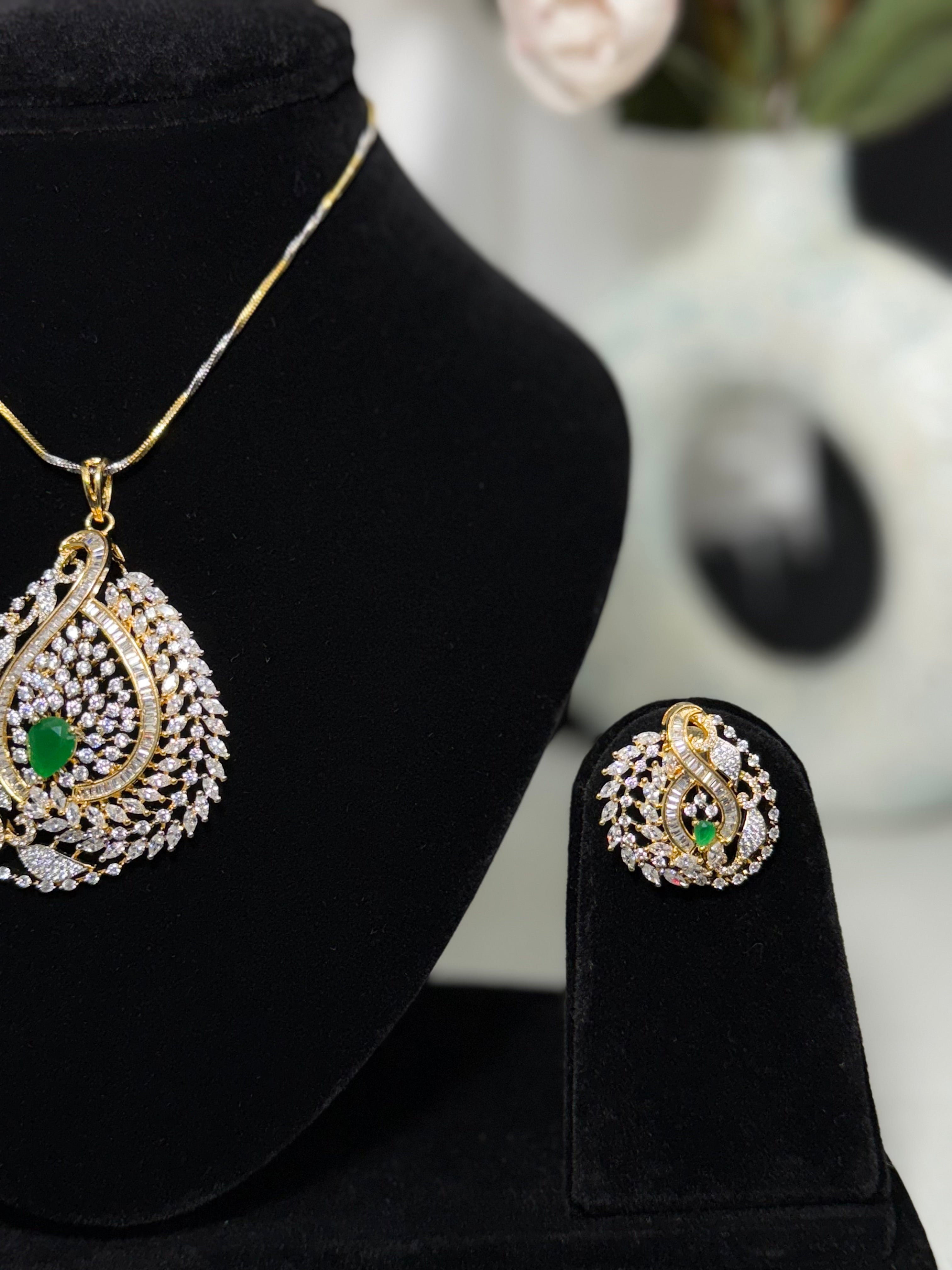 Green Shankh Design Pendant With Chain and Earrings