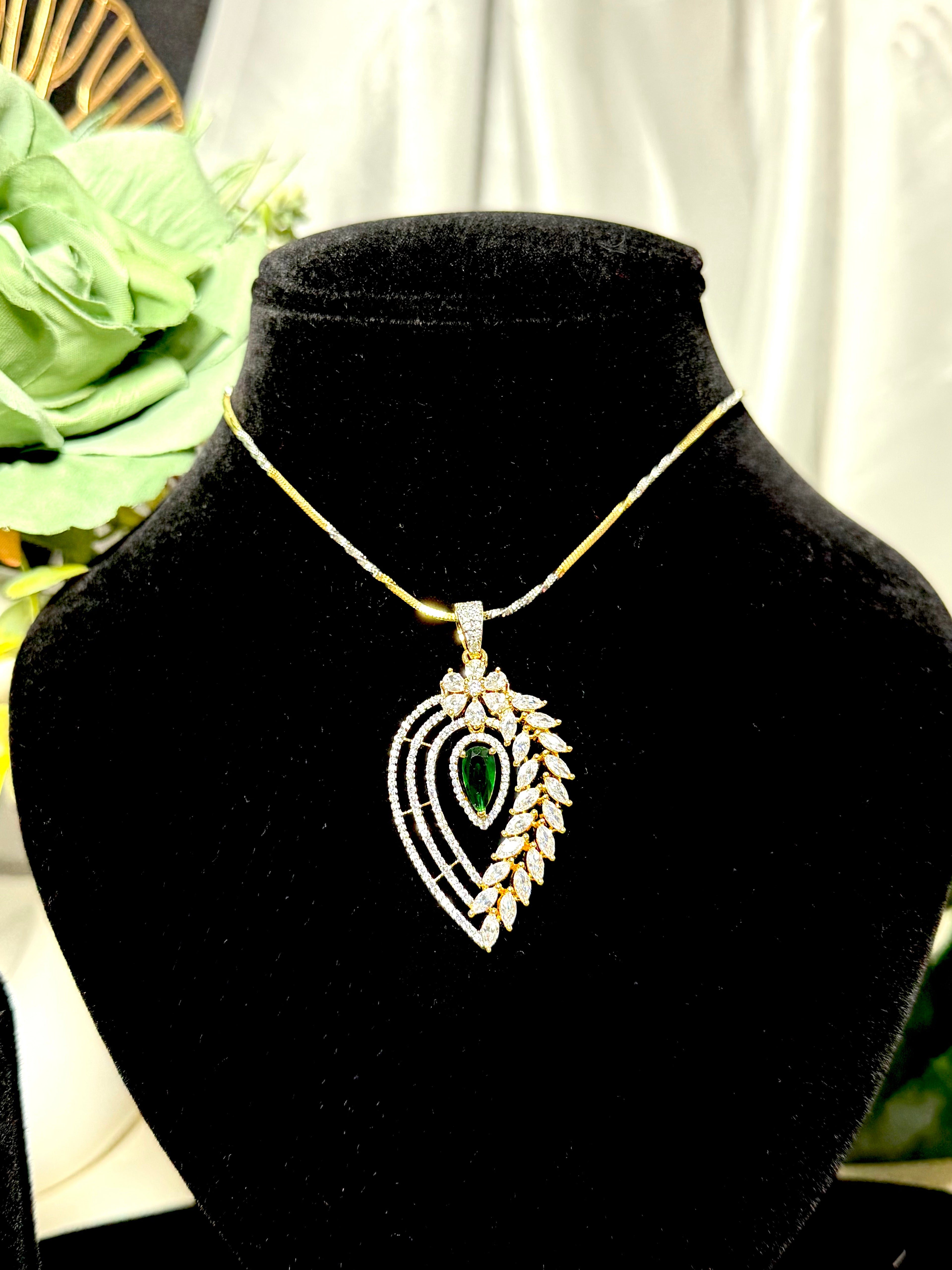 Green Teardrop Pendant With Chain and Earrings