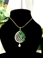 Green Petal Pendant With Chain and Earrings