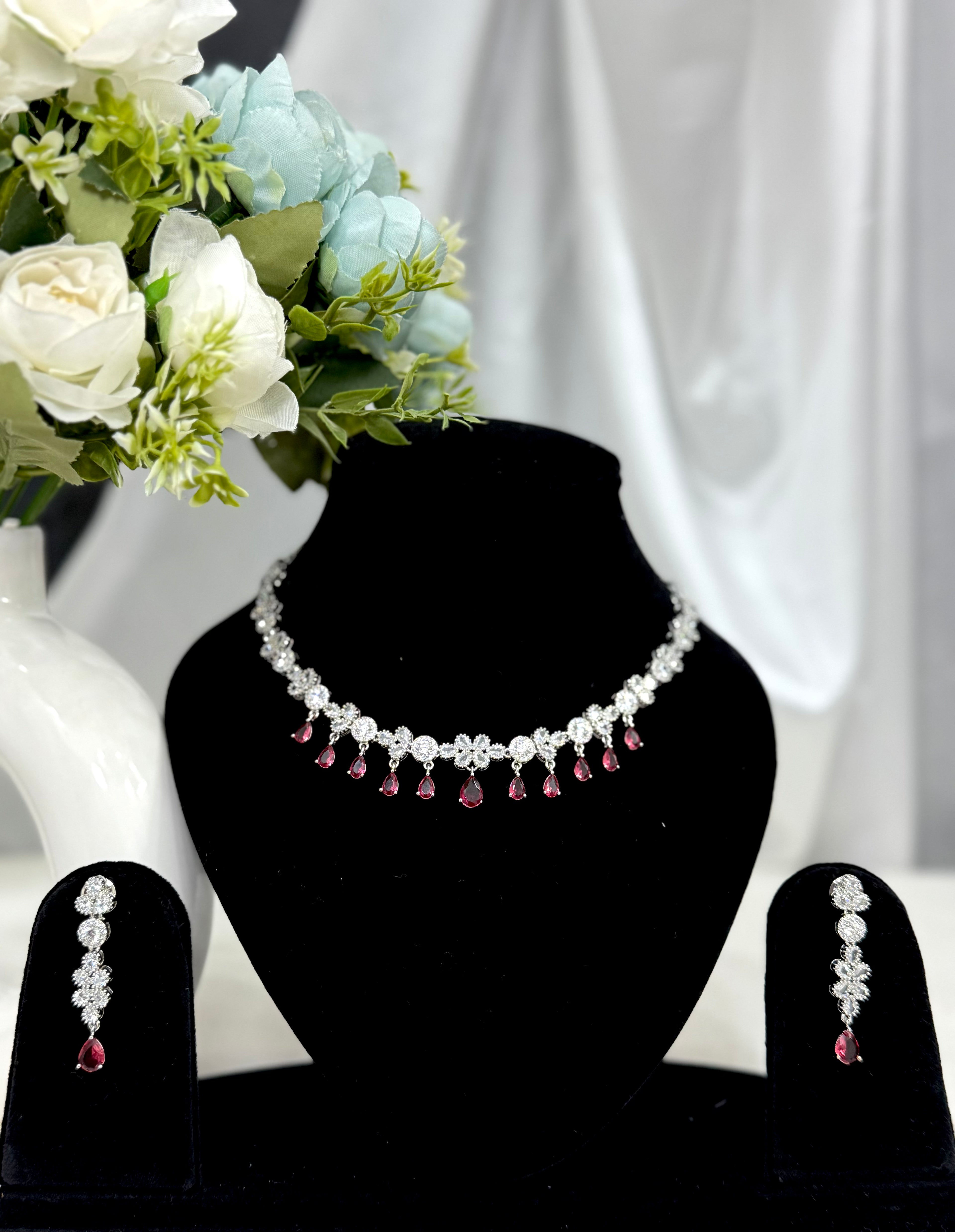 Pink Glow American Diamond Necklace Set