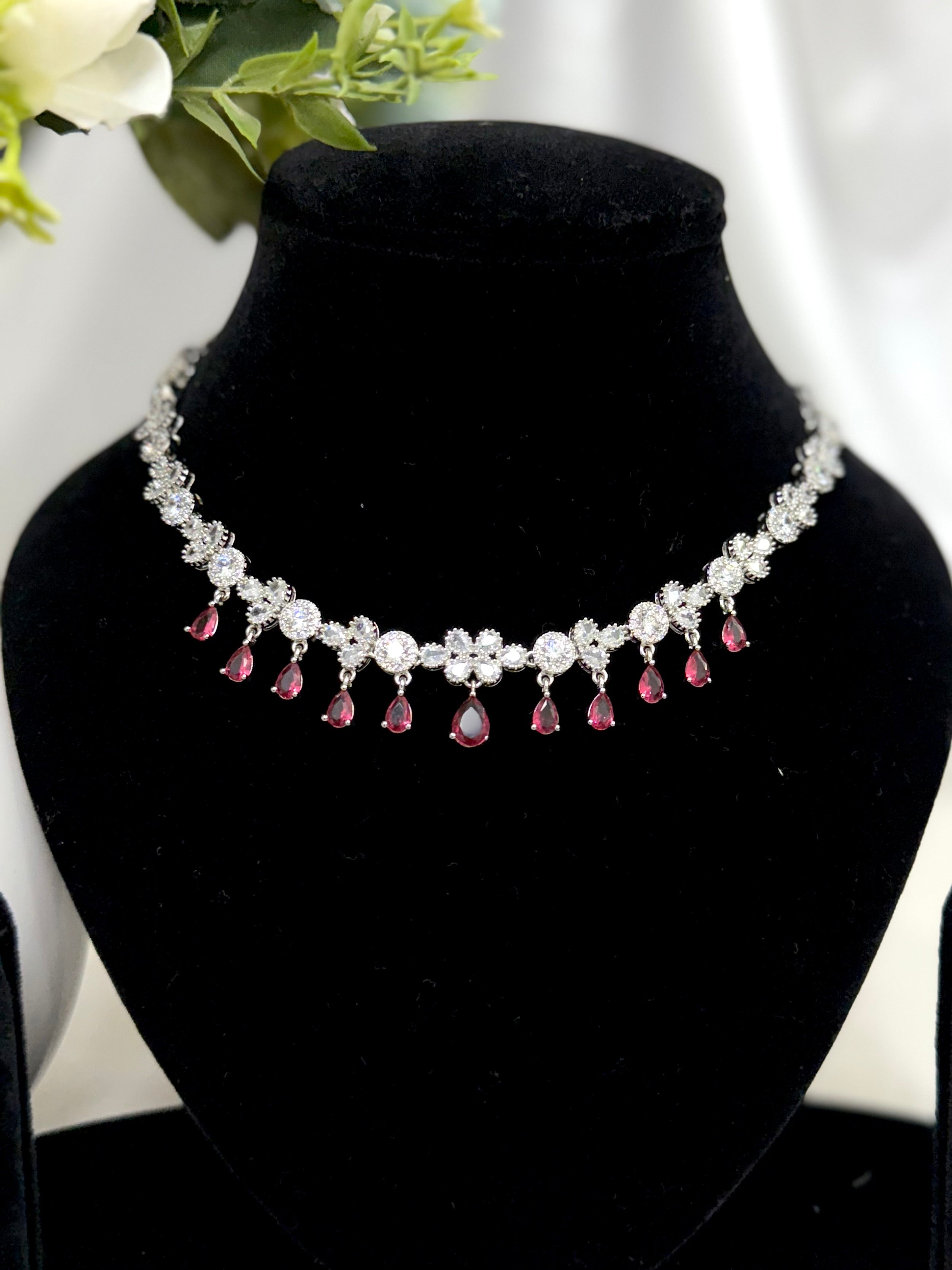 Pink Glow American Diamond Necklace Set