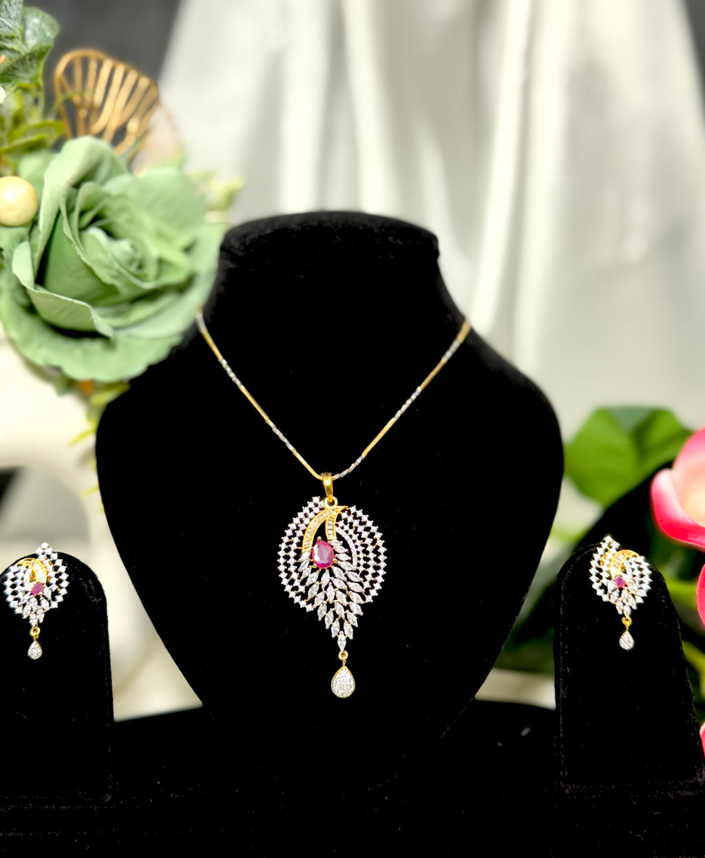 Gulnaar Grace Ruby Pendant With Chain and Earrings