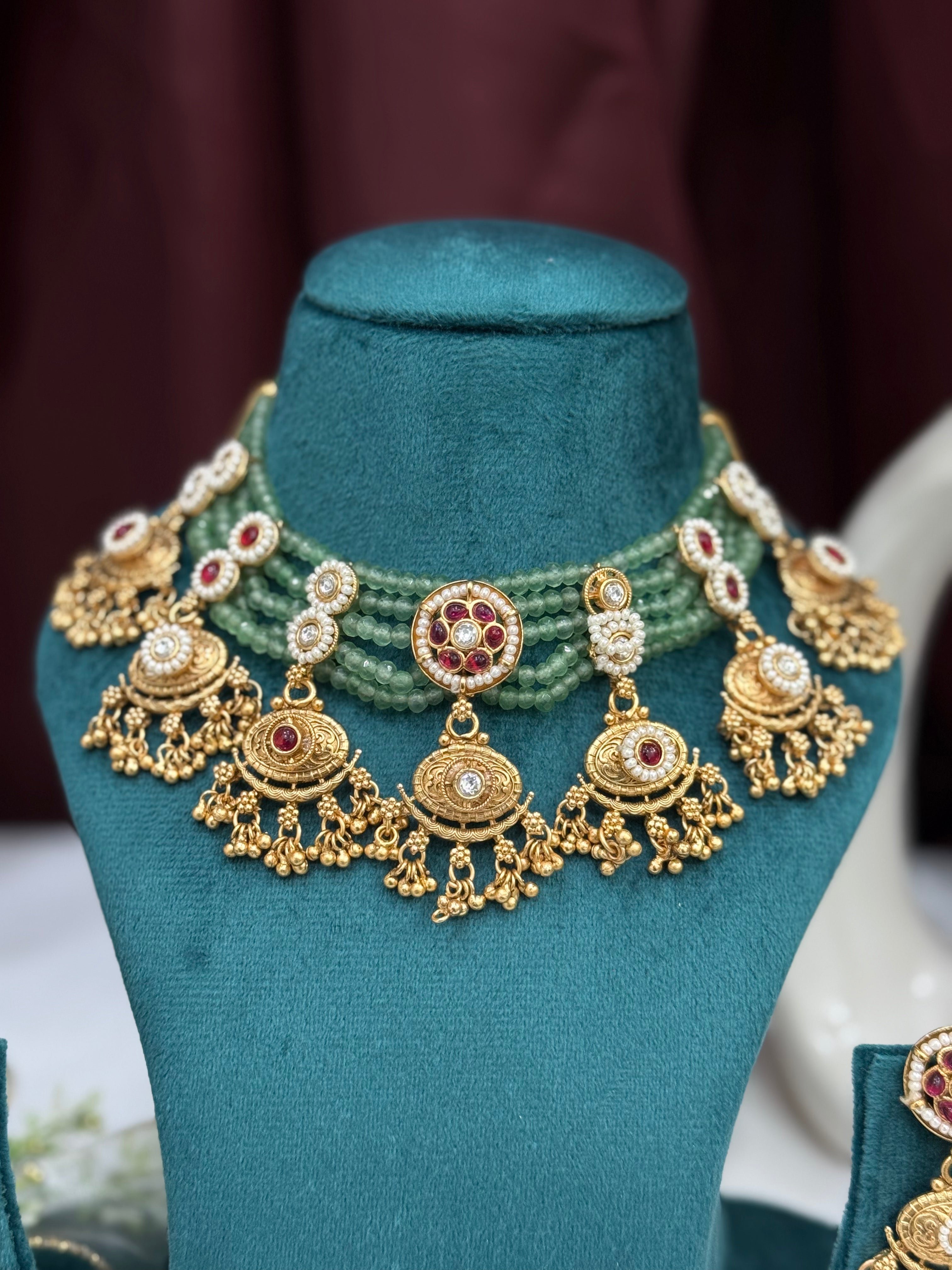 Heritage Green Beaded Jhumka Choker Set