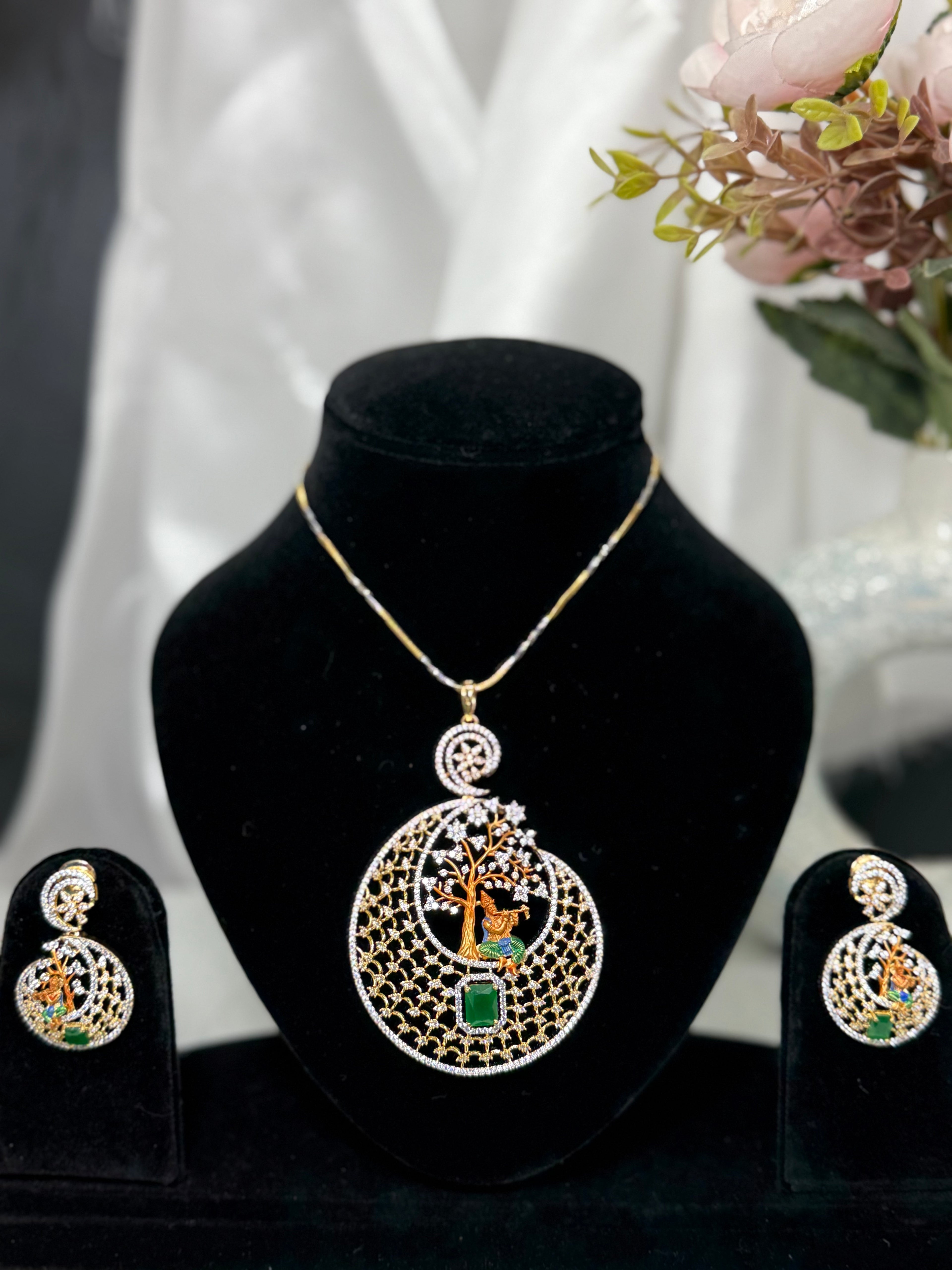 Lord Krishna Tree Pendant Set with Chain and Earrings