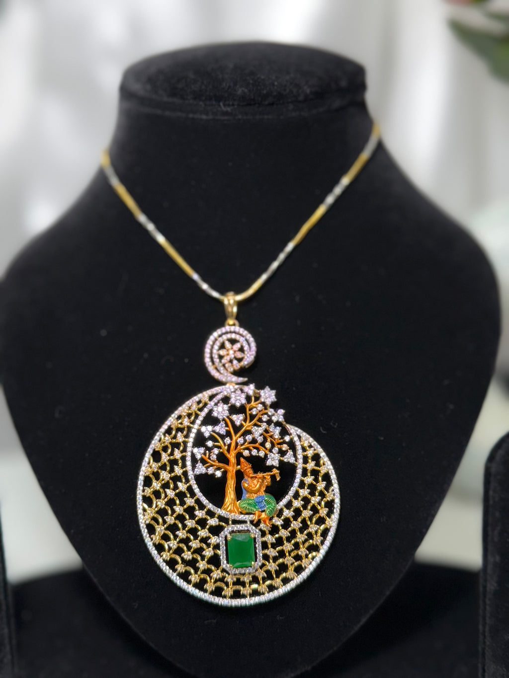 Lord Krishna Tree Pendant Set with Chain and Earrings