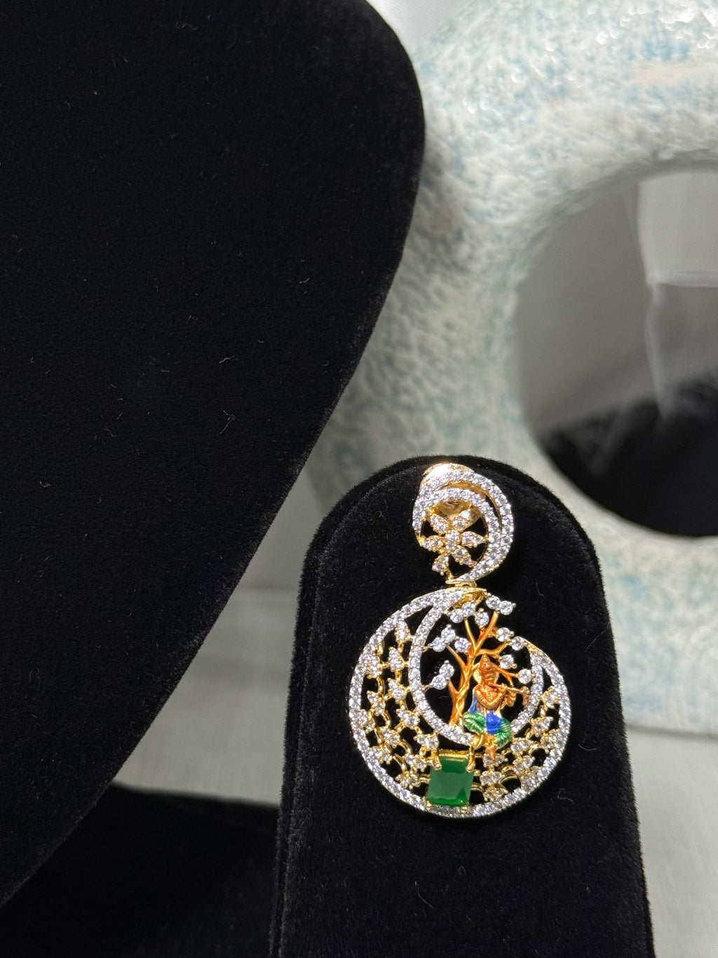 Lord Krishna Tree Pendant Set with Chain and Earrings