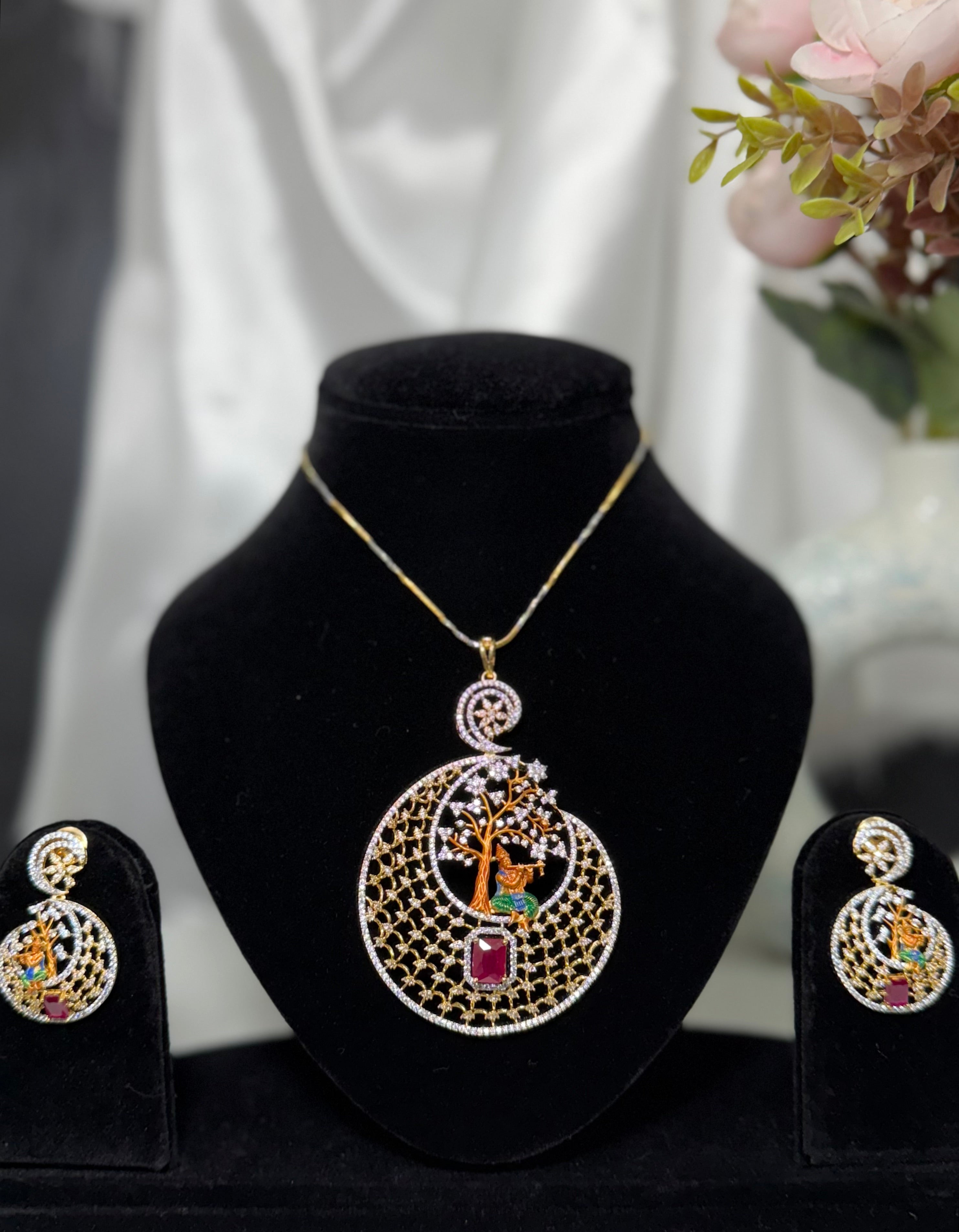 Lord Krishna Tree Pendant Set with Chain and Earrings