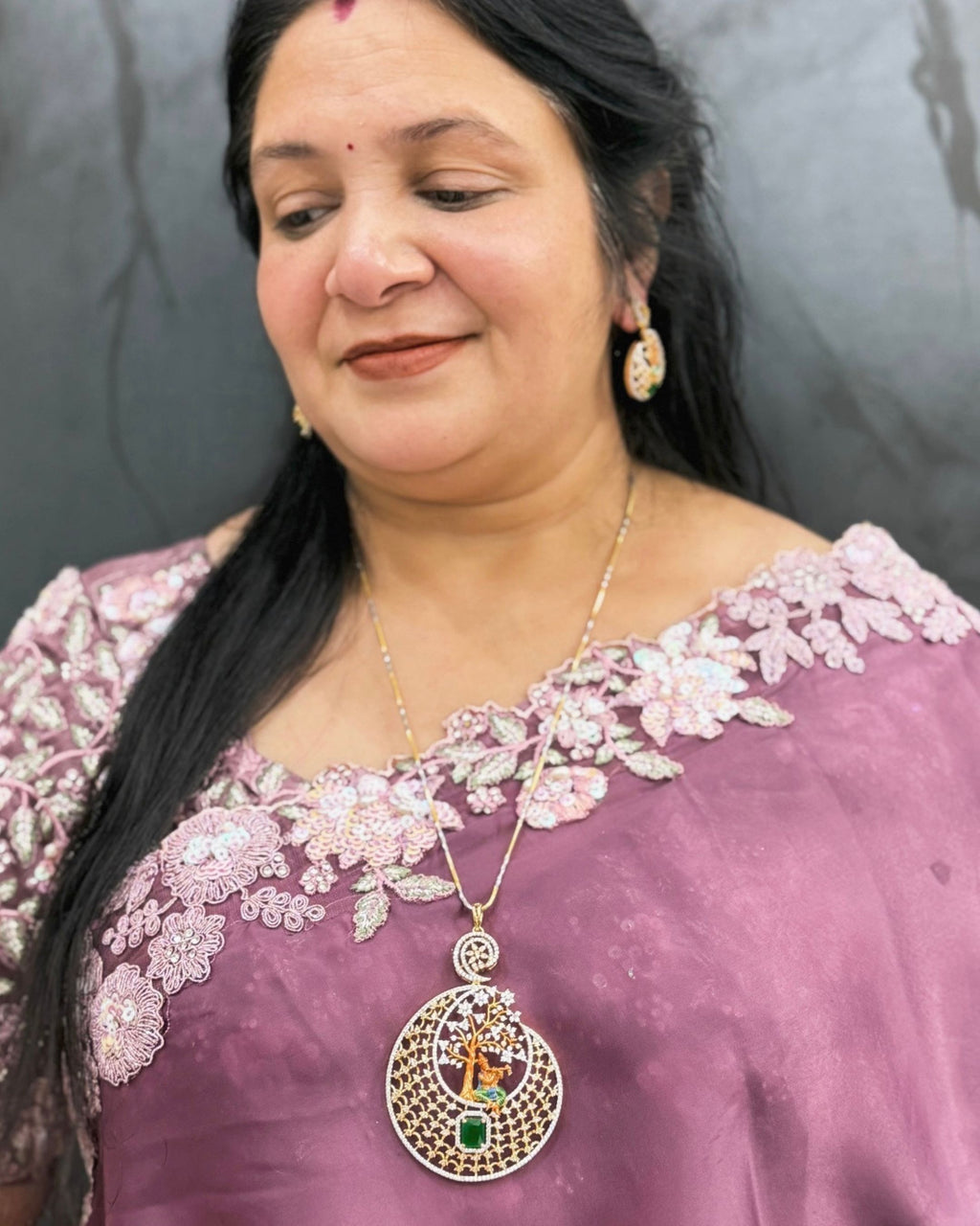 Lord Krishna Tree Pendant Set with Chain and Earrings