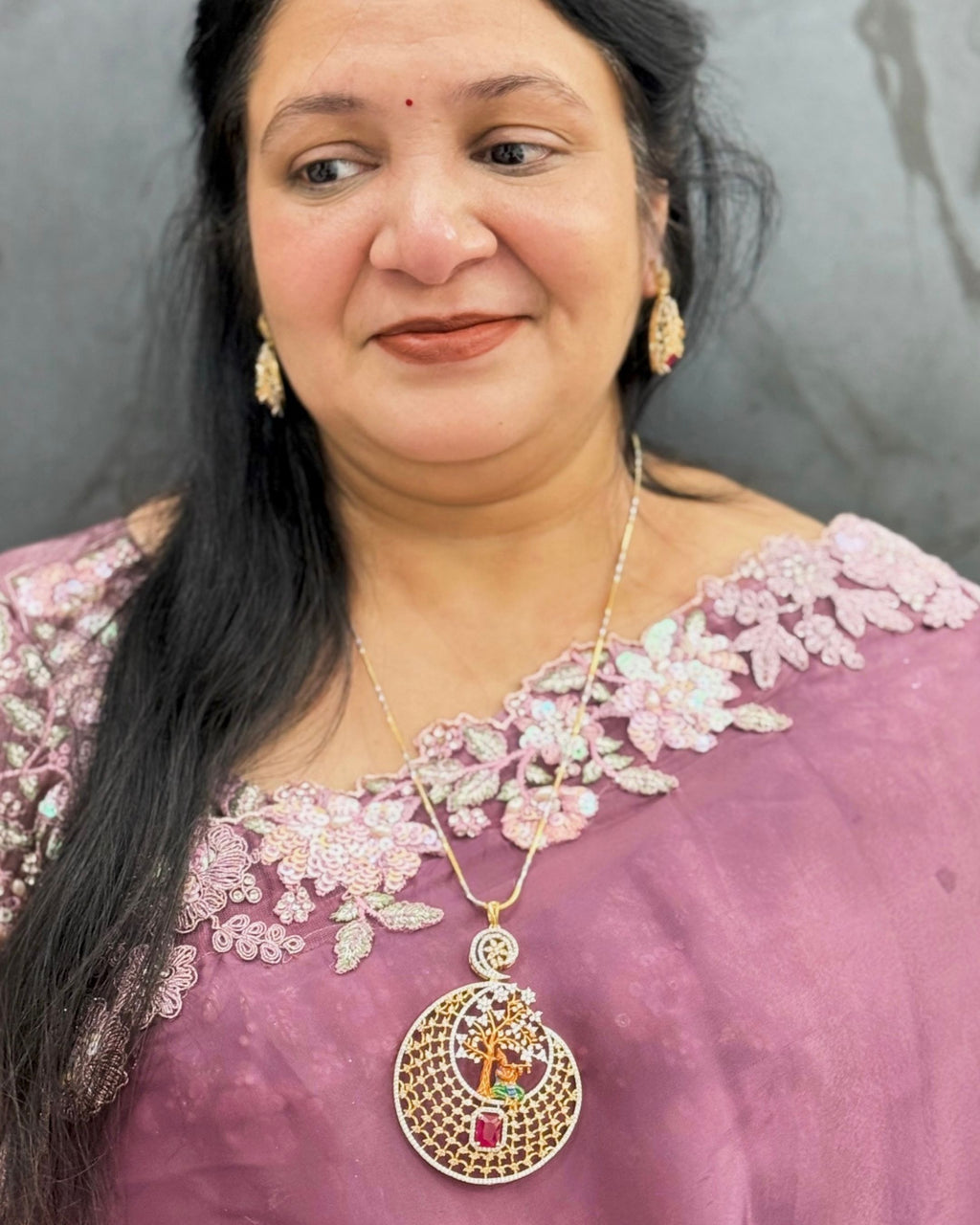 Lord Krishna Tree Pendant Set with Chain and Earrings