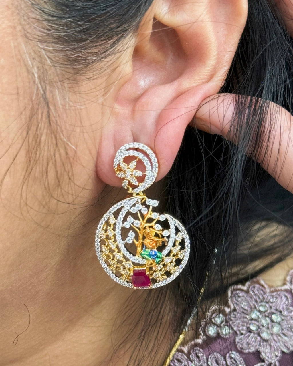 Lord Krishna Tree Pendant Set with Chain and Earrings