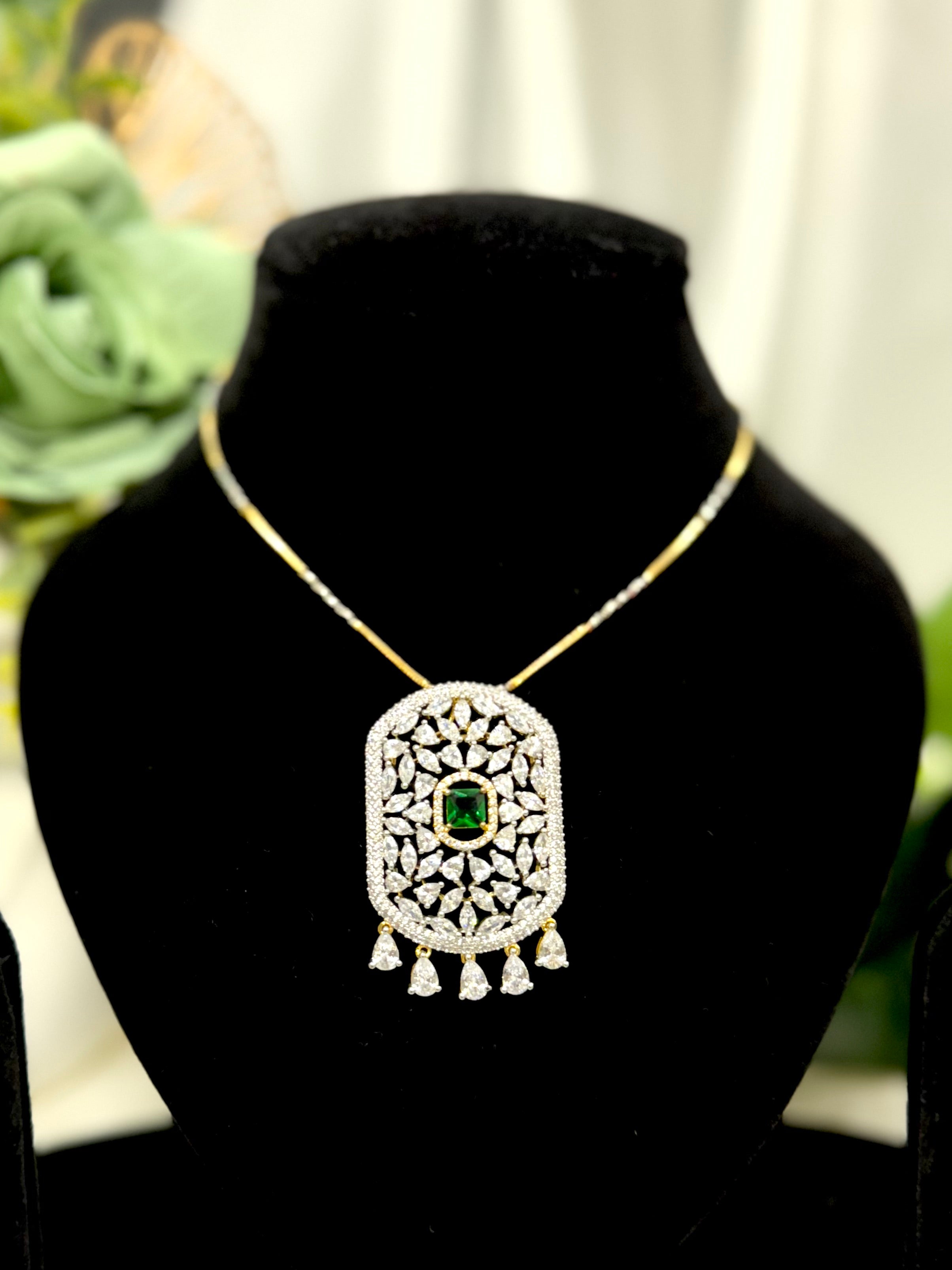 Lush Green Emerald Pendant With Chain and Earrings
