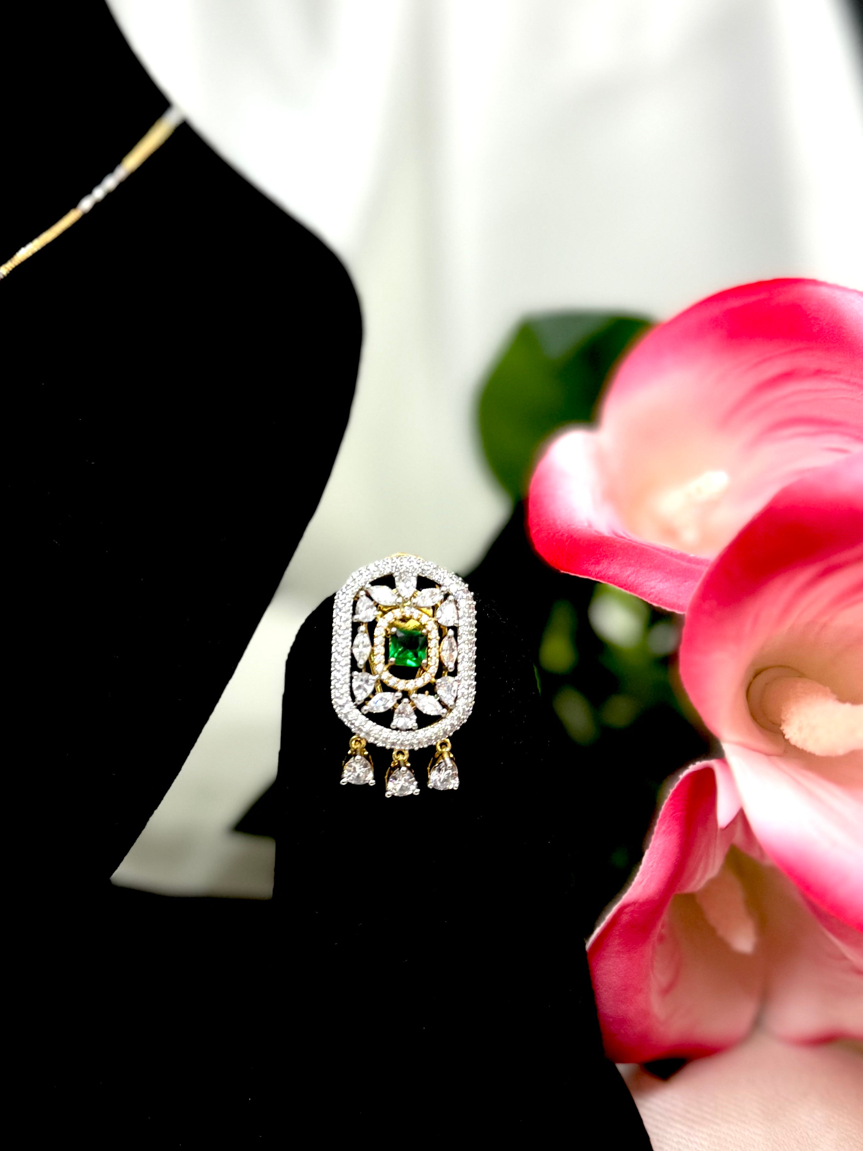 Lush Green Emerald Pendant With Chain and Earrings