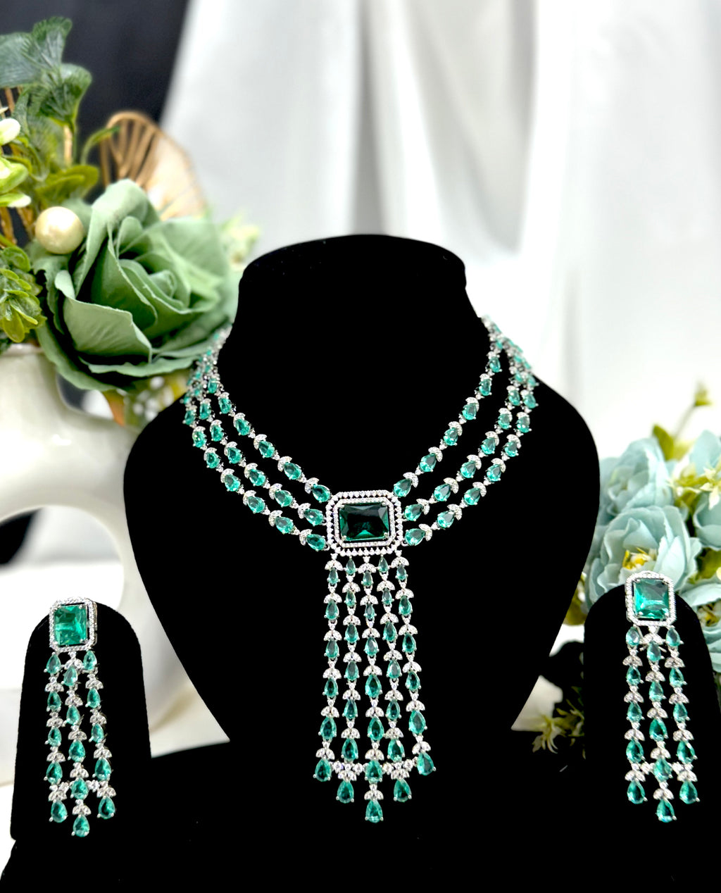 Maharani Aqua Green Silver Tone Layered Teardrop Cascade Necklace