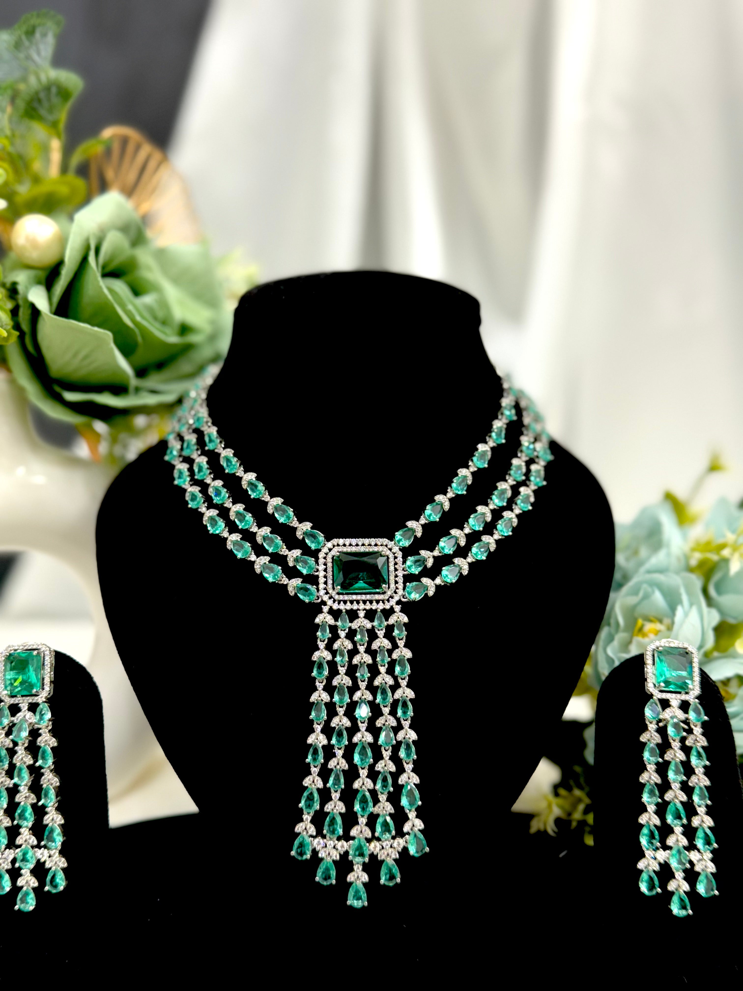 Maharani Aqua Green Silver Tone Layered Teardrop Cascade Necklace