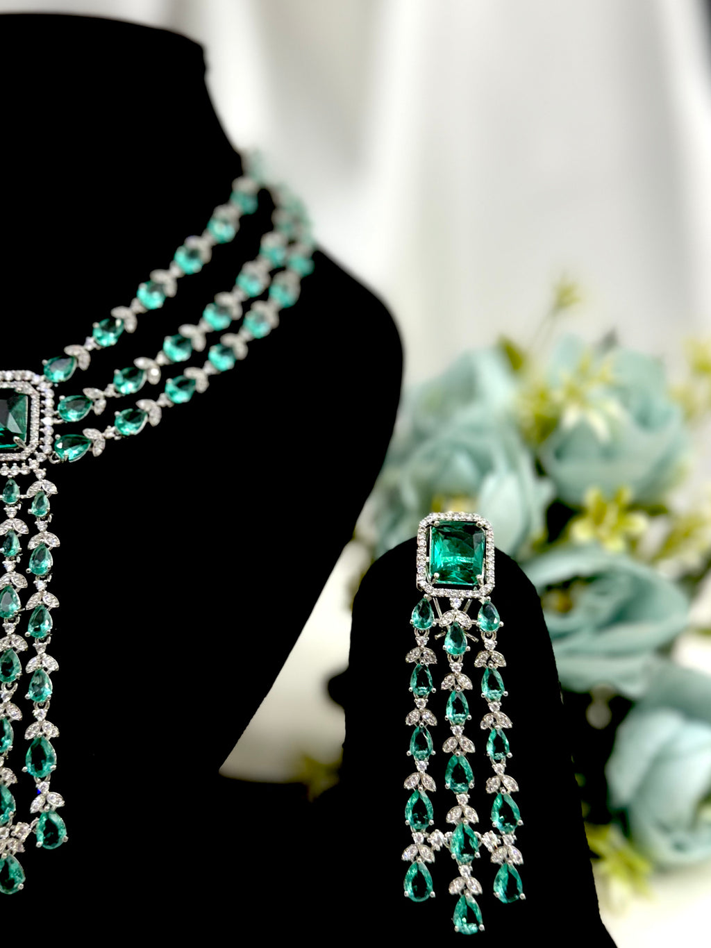 Maharani Aqua Green Silver Tone Layered Teardrop Cascade Necklace