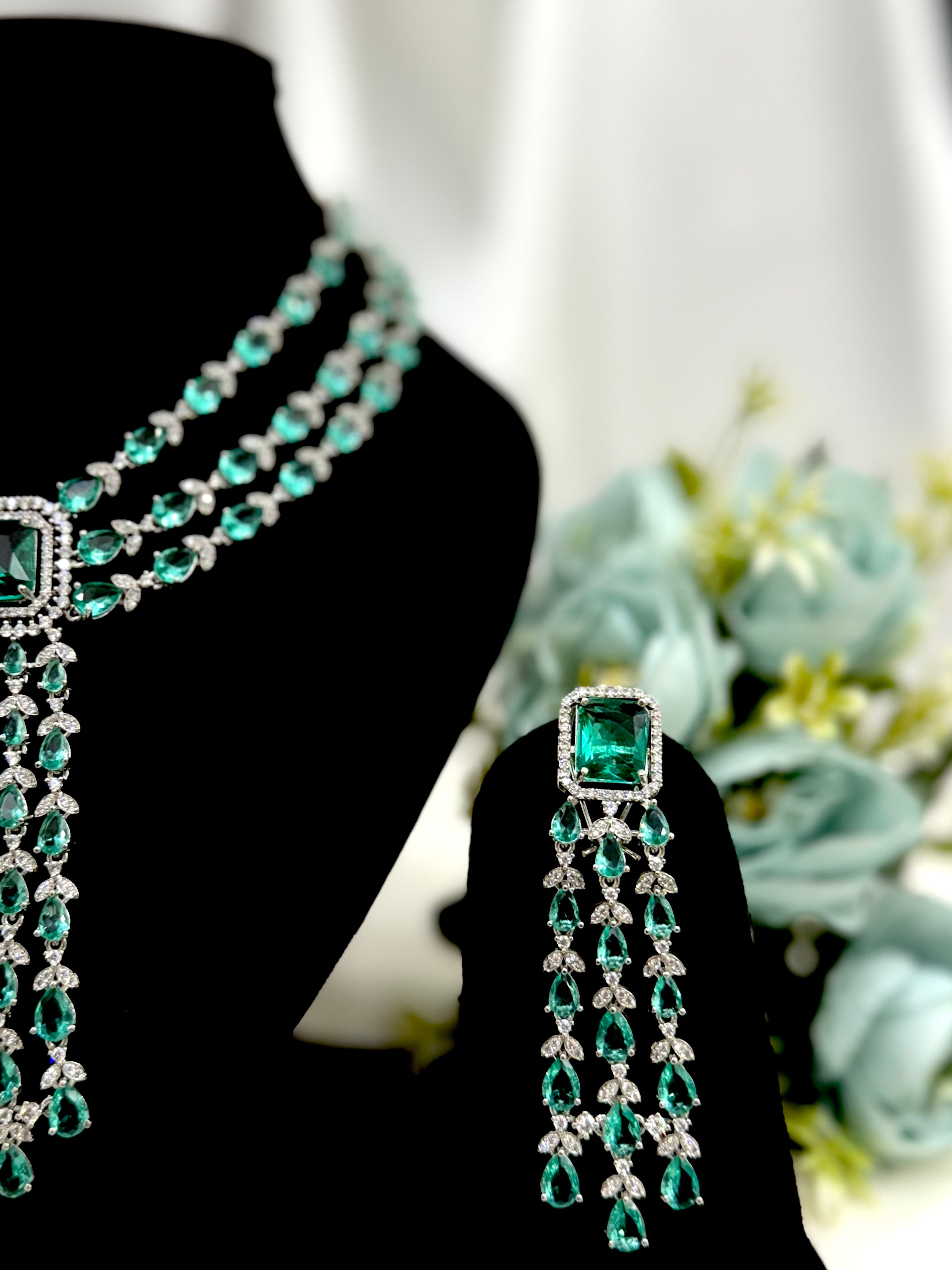 Maharani Aqua Green Silver Tone Layered Teardrop Cascade Necklace