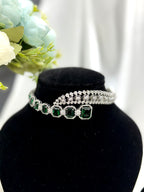 Maharani Emerald Green Stone Double-Layer Choker Set with Earrings