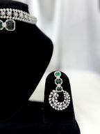 Maharani Emerald Green Stone Double-Layer Choker Set with Earrings