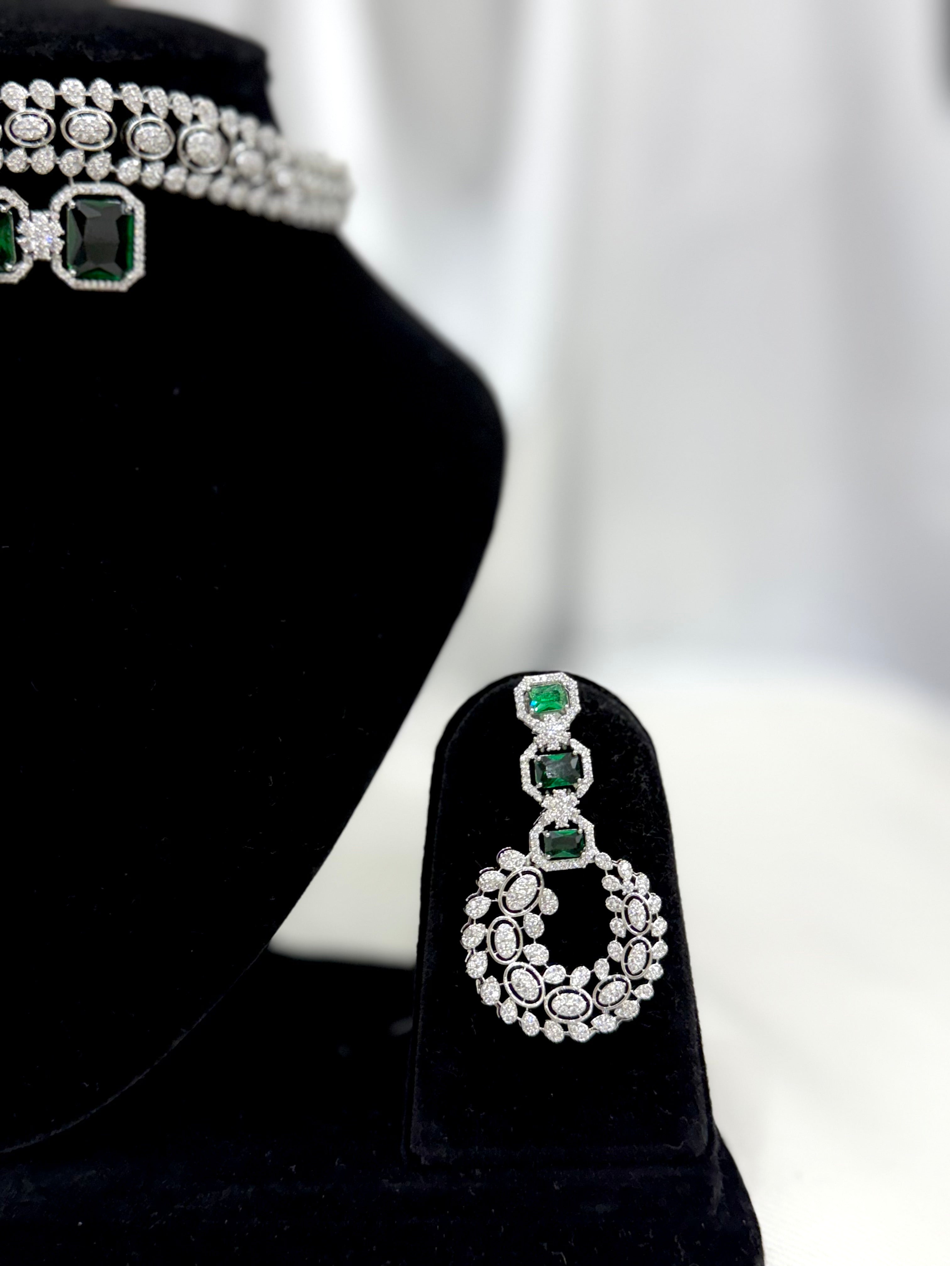 Maharani Emerald Green Stone Double-Layer Choker Set with Earrings