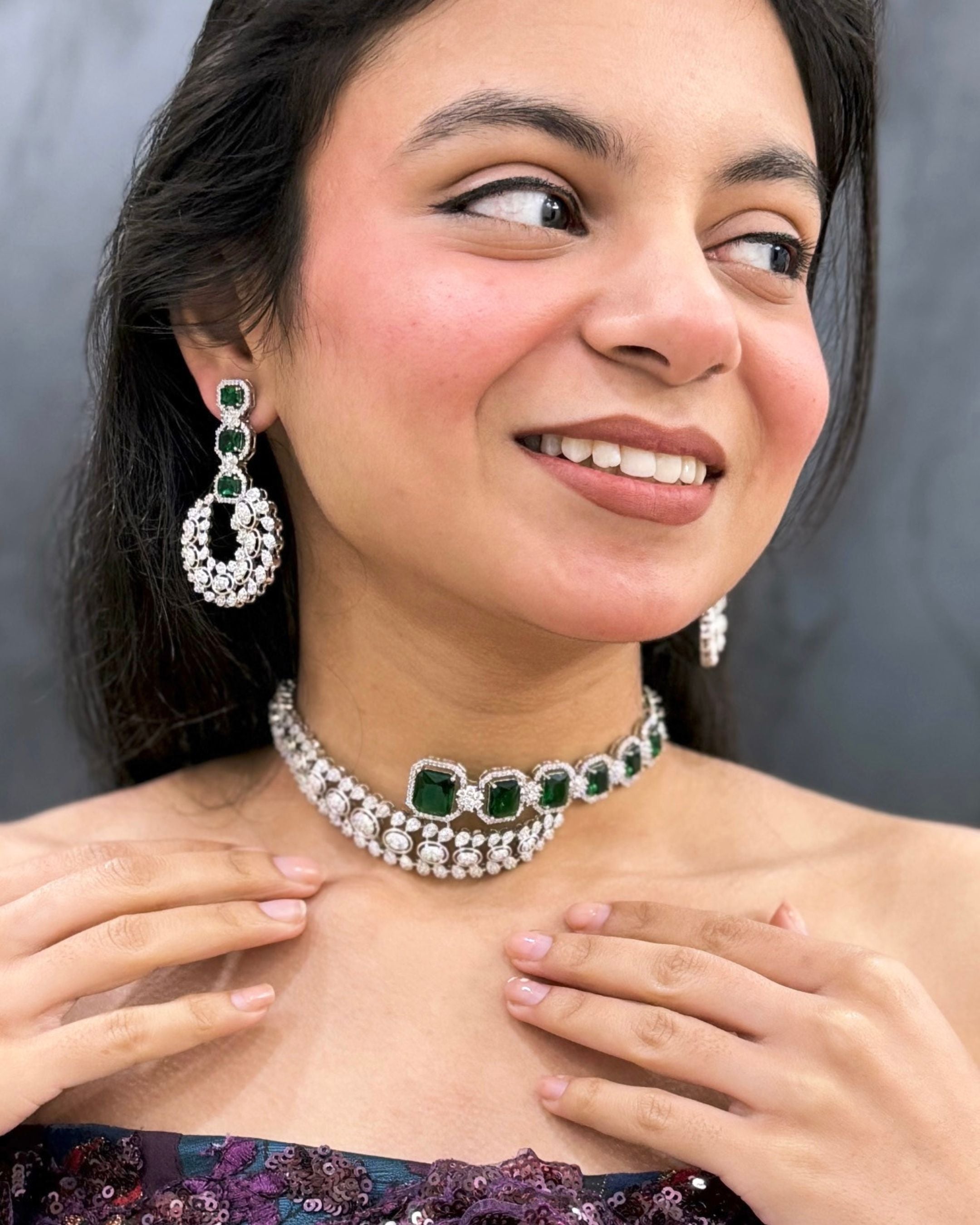 Maharani Emerald Green Stone Double-Layer Choker Set with Earrings