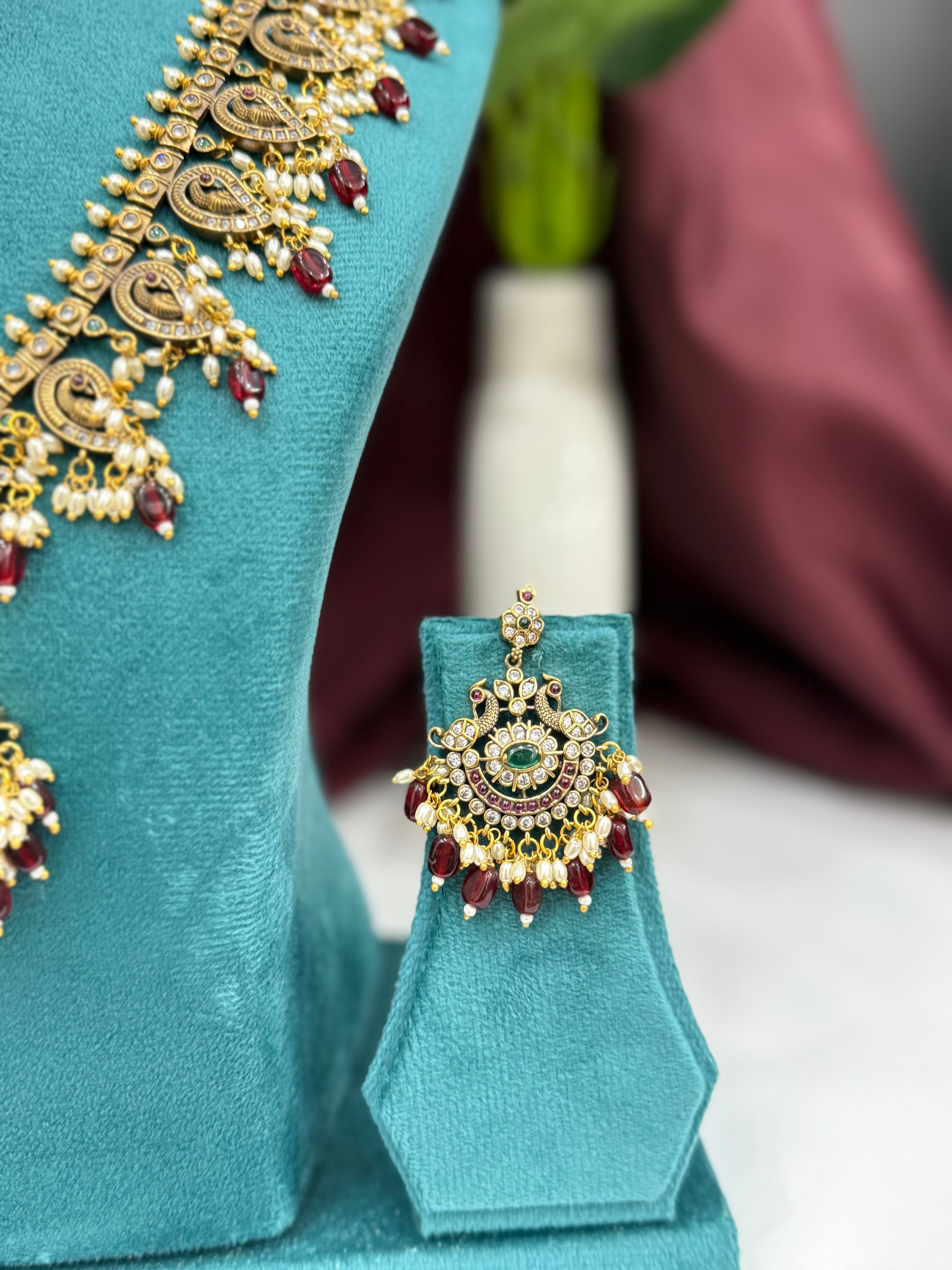Paisley Peacock Temple South Indian Long Necklace Set