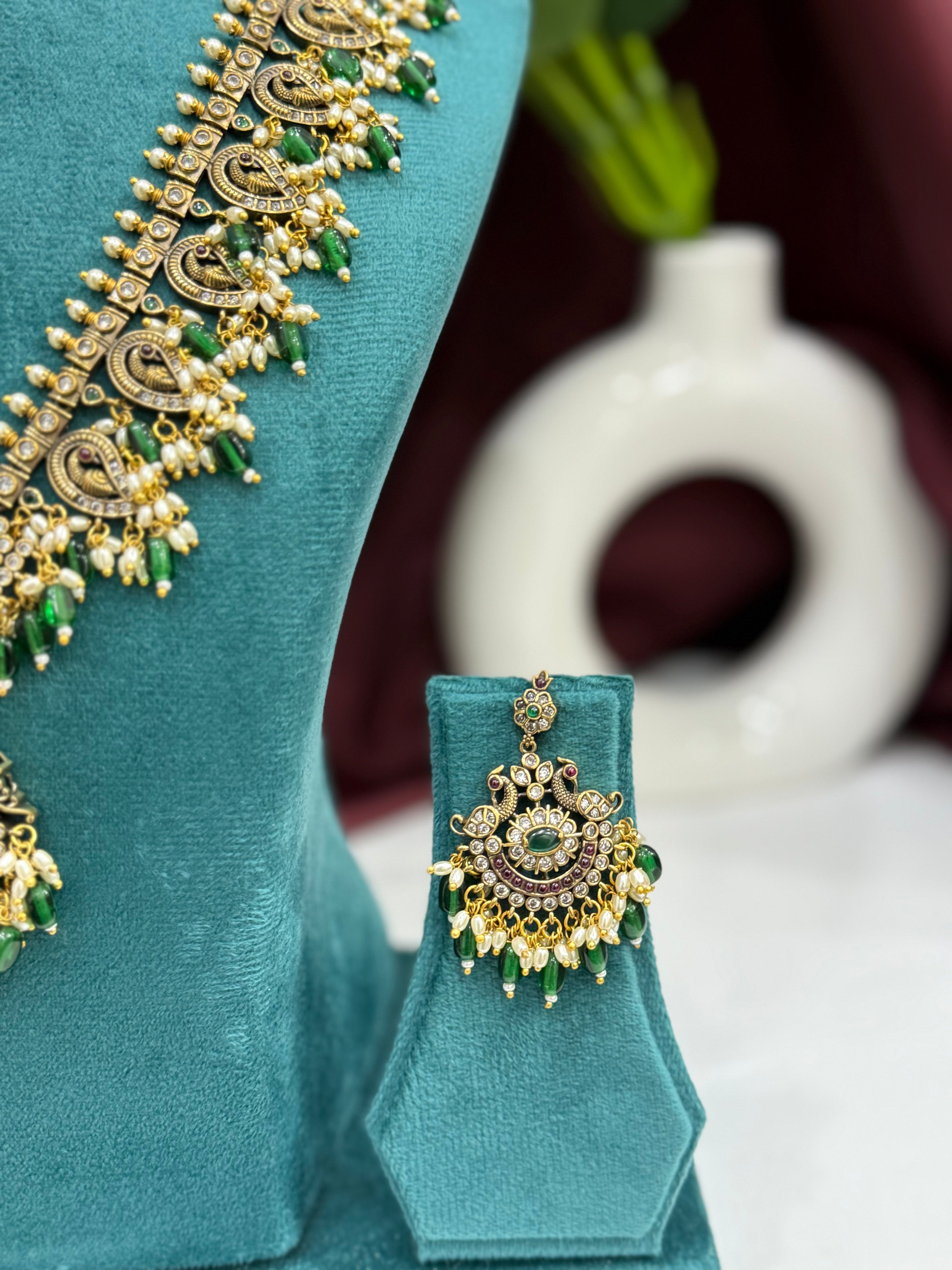 Paisley Peacock Temple South Indian Long Necklace Set