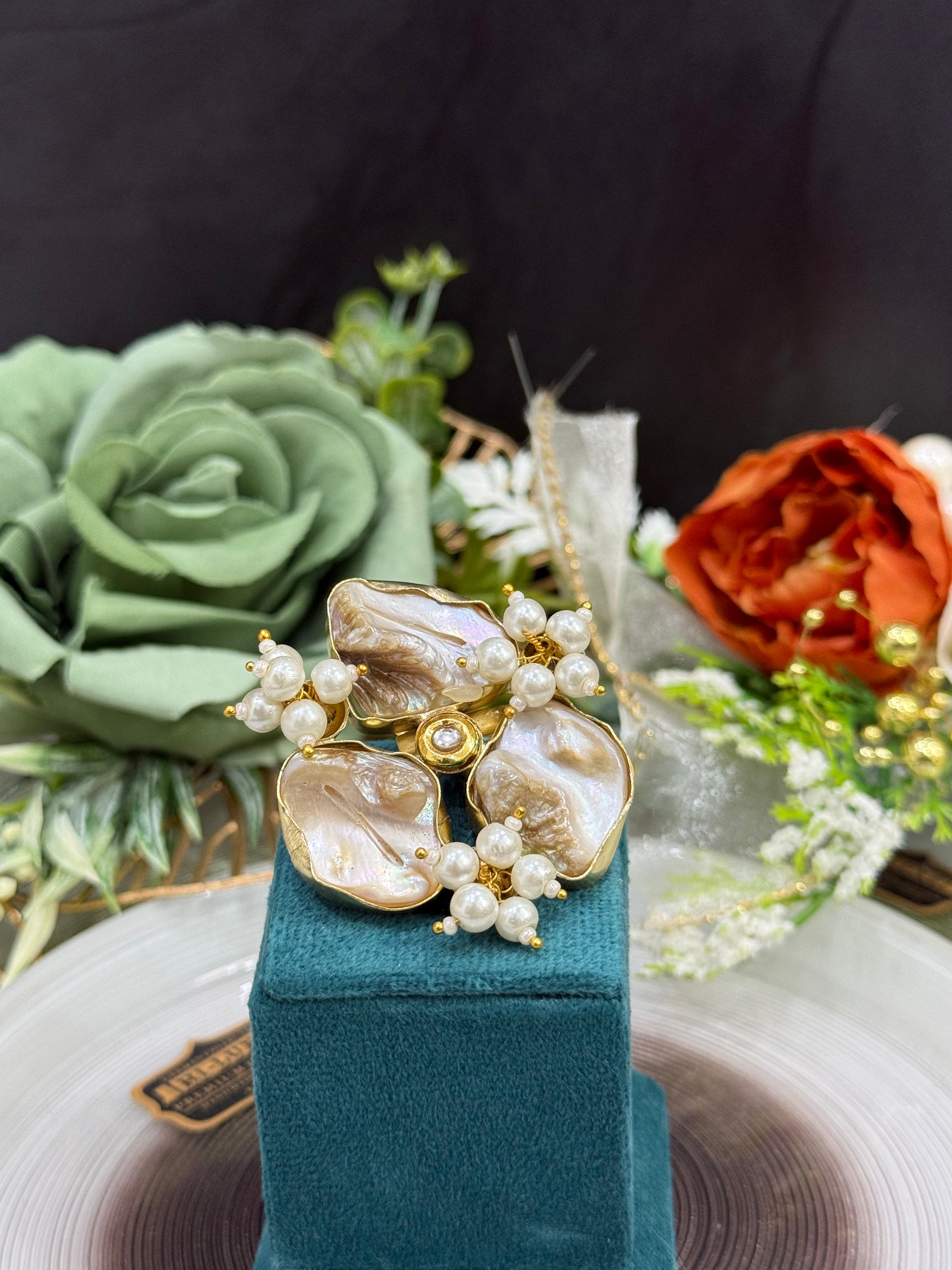 Pearl Bloom Triple Stone Western Adjustable Ring