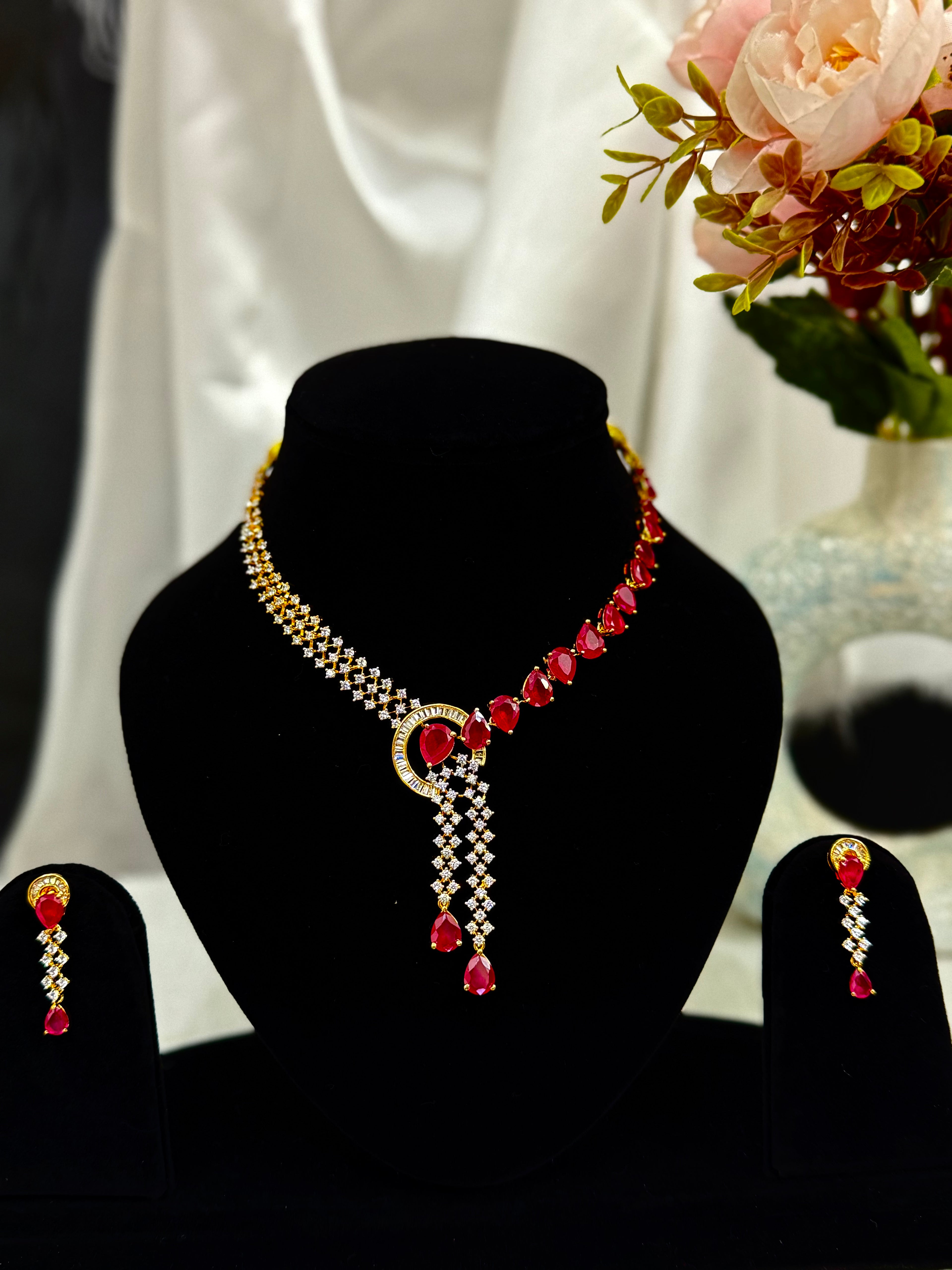 Ratna Rani Ruby Red Teardrop Necklace Set
