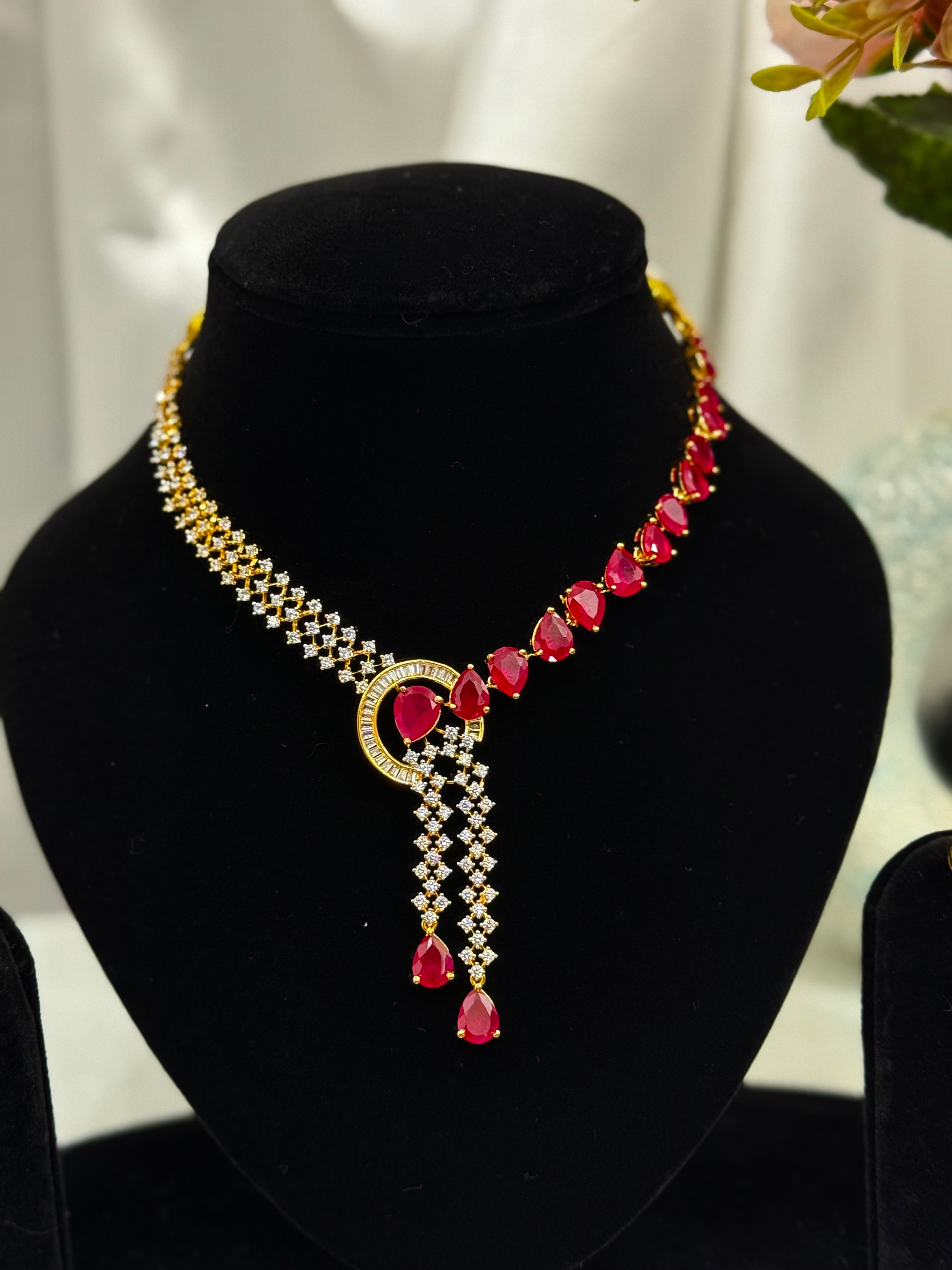 Ratna Rani Ruby Red Teardrop Necklace Set